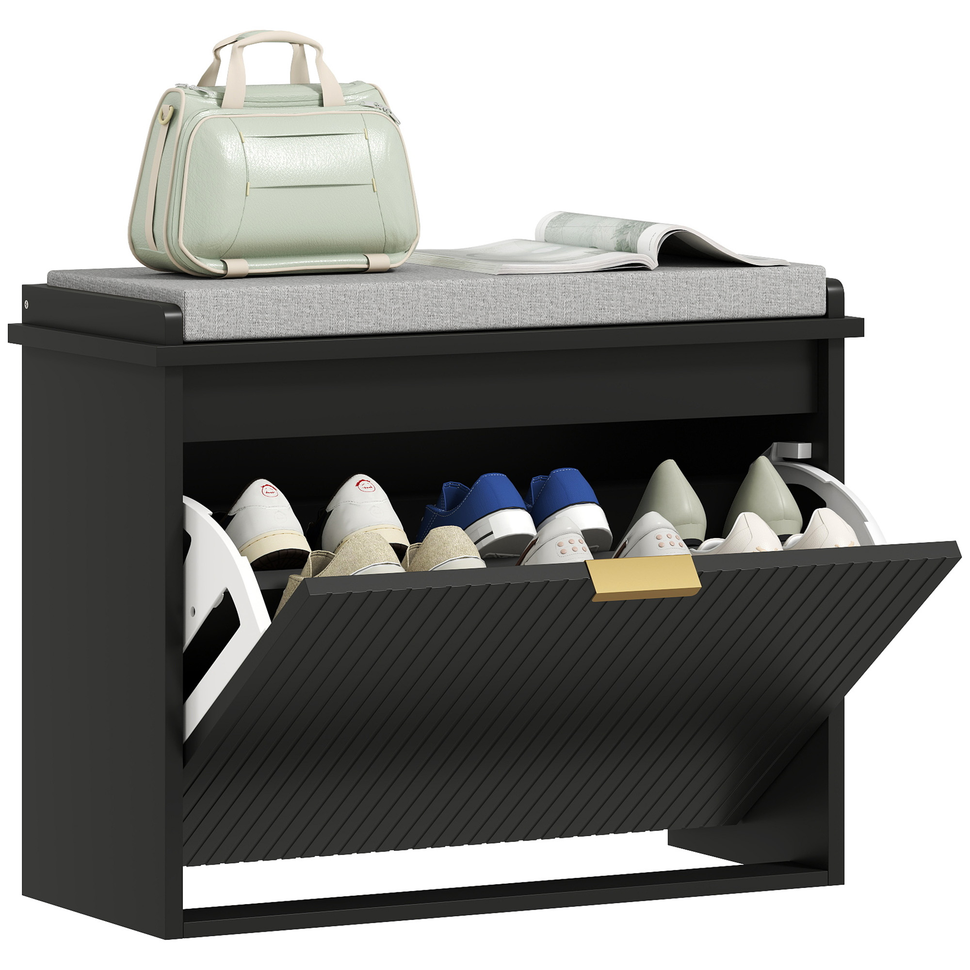 Shoe Storage Bench with Padded Seat Cushion and Flip-Drawer, Entryway Bench, Shoe Cabinet, 24.4x10.2x18.7 Inches, Black (Drop Shipping Only, Not for Amazon)