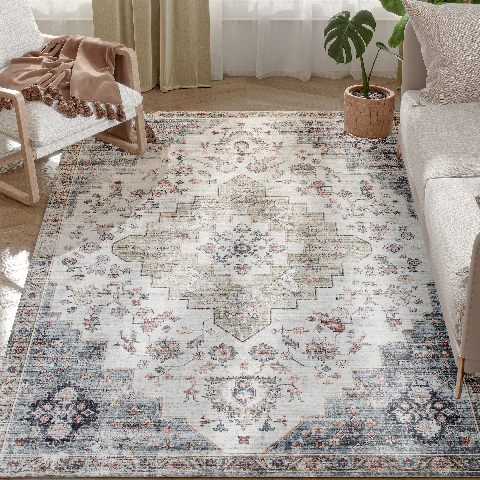4x6 Area Rug, Vintage Machine Washable Rug, Non-Slip Carpet for Living Room, Bedroom, Dining Room, Brown and Green (Drop Shipping Only, Not for Amazon)