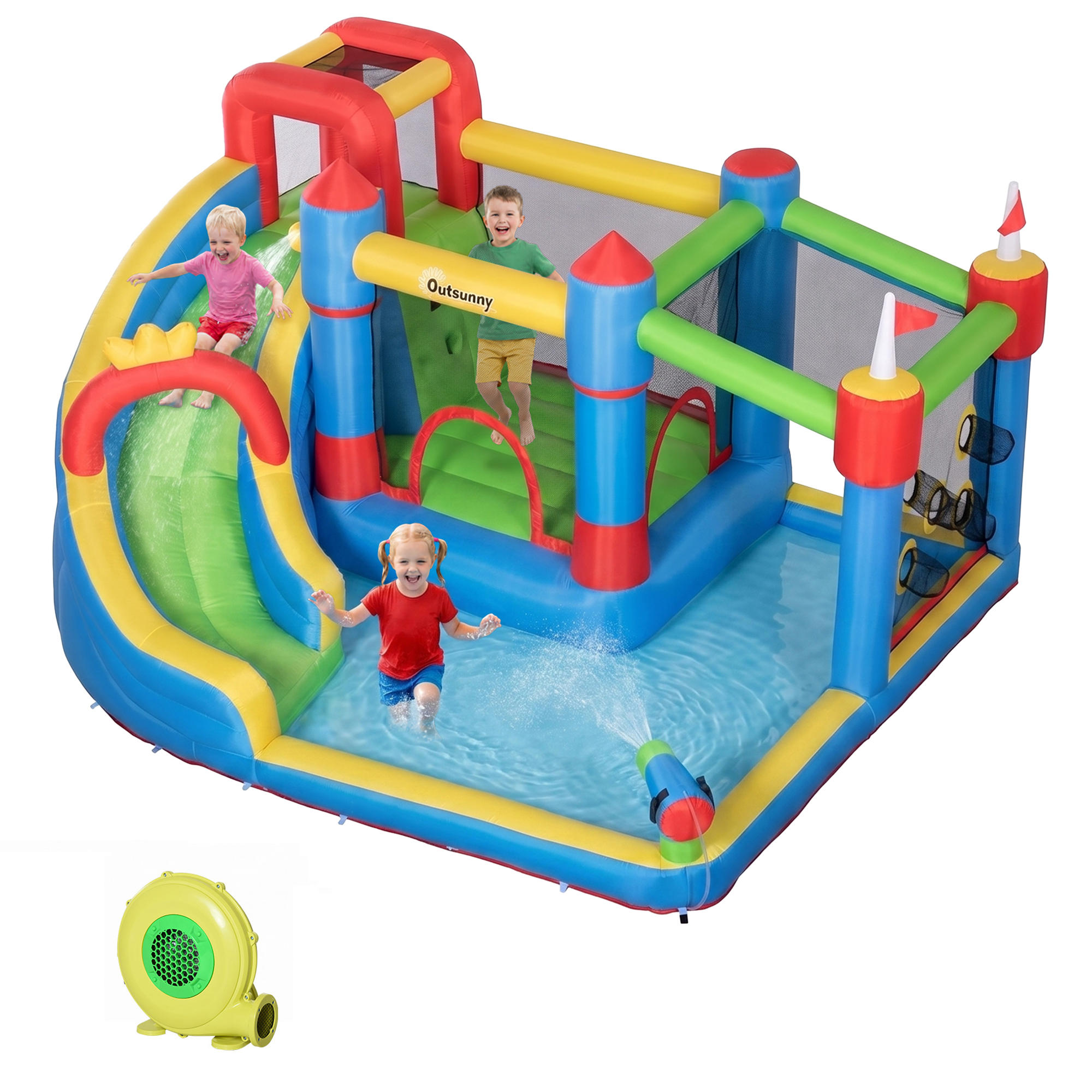 6-in-1 Inflatable Water Slide with Splash Pool, Slide, Climbing Wall, Water Cannon, Inflatable Bounce House for Kids with 2 Min. Inflation and Air Blower (Drop Shipping Only, Not for Amazon)