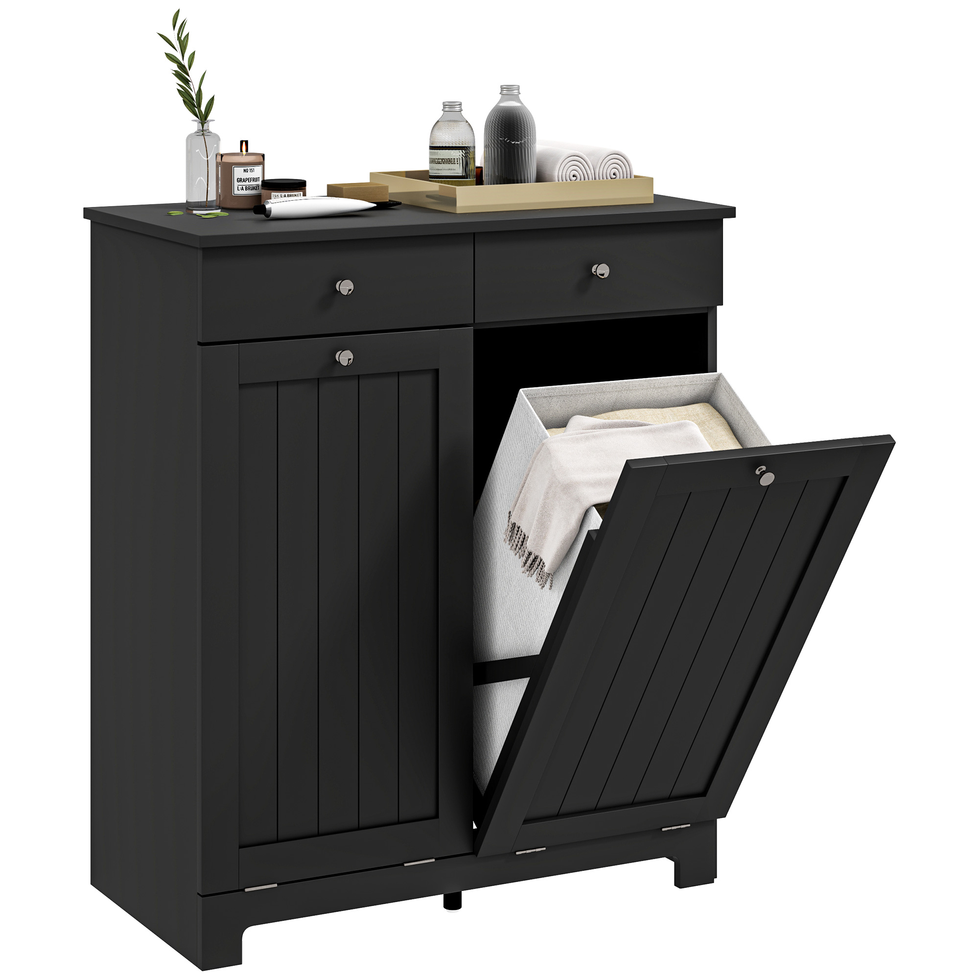 Laundry Hamper Cabinet, Laundry Cabinet with 2 Tilt Out Laundry Baskets and 2 Drawers, Black (Drop Shipping Only, Not for Amazon)
