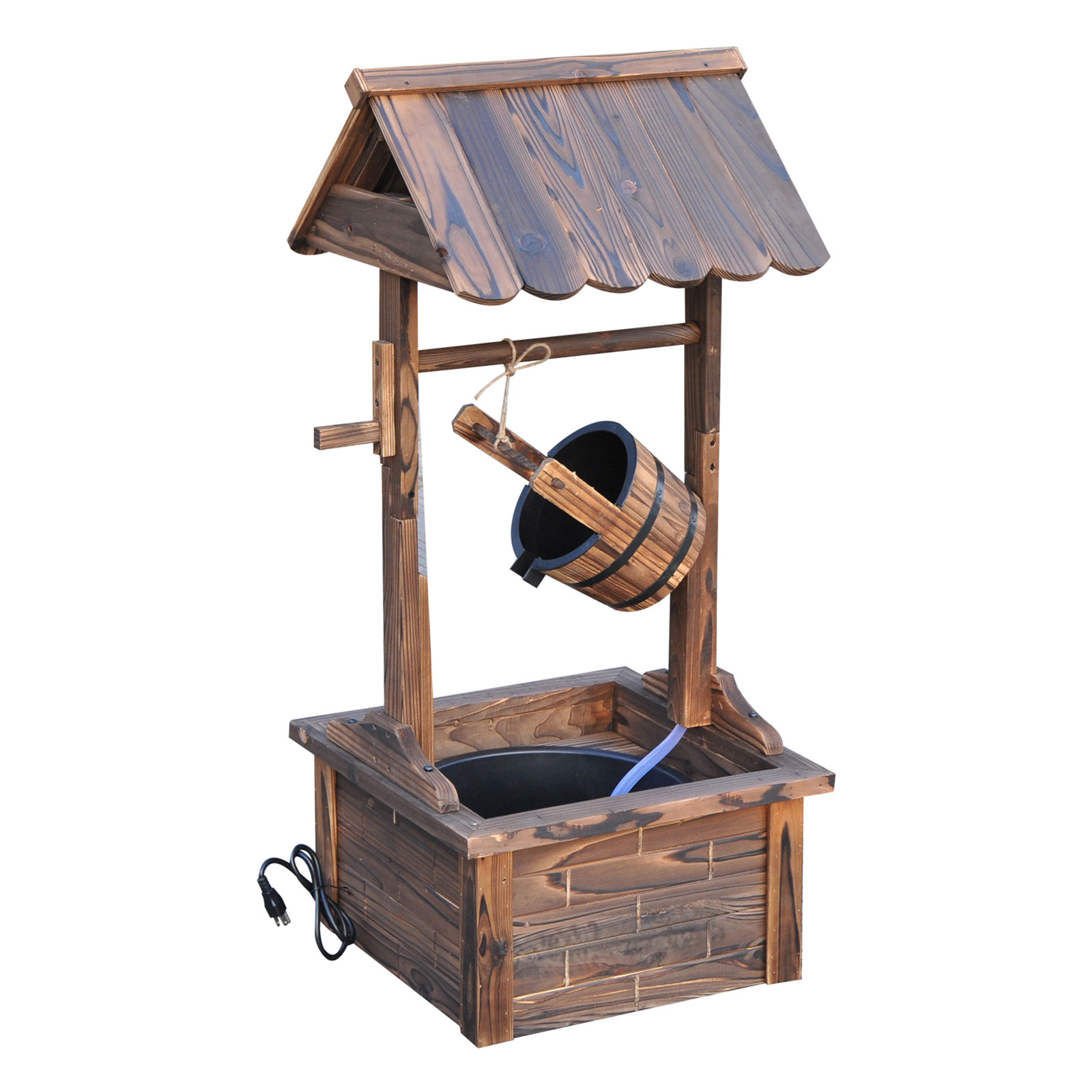 Outdoor Wooden Wishing Well Fountain with Adjustable Water Flow Rate, Rustic Waterfall Fountain, Carbonized Finish (Drop Shipping Only, Not for Amazon)
