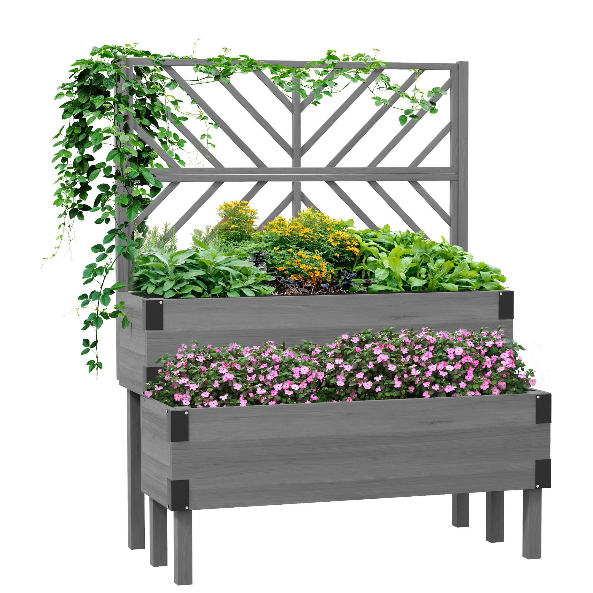 Raised Garden Bed with Trellis, 2-Tier Wooden Elevated Planter Box for Vegetables, Flowers, Herbs, Grey (Drop Shipping Only, Not for Amazon)