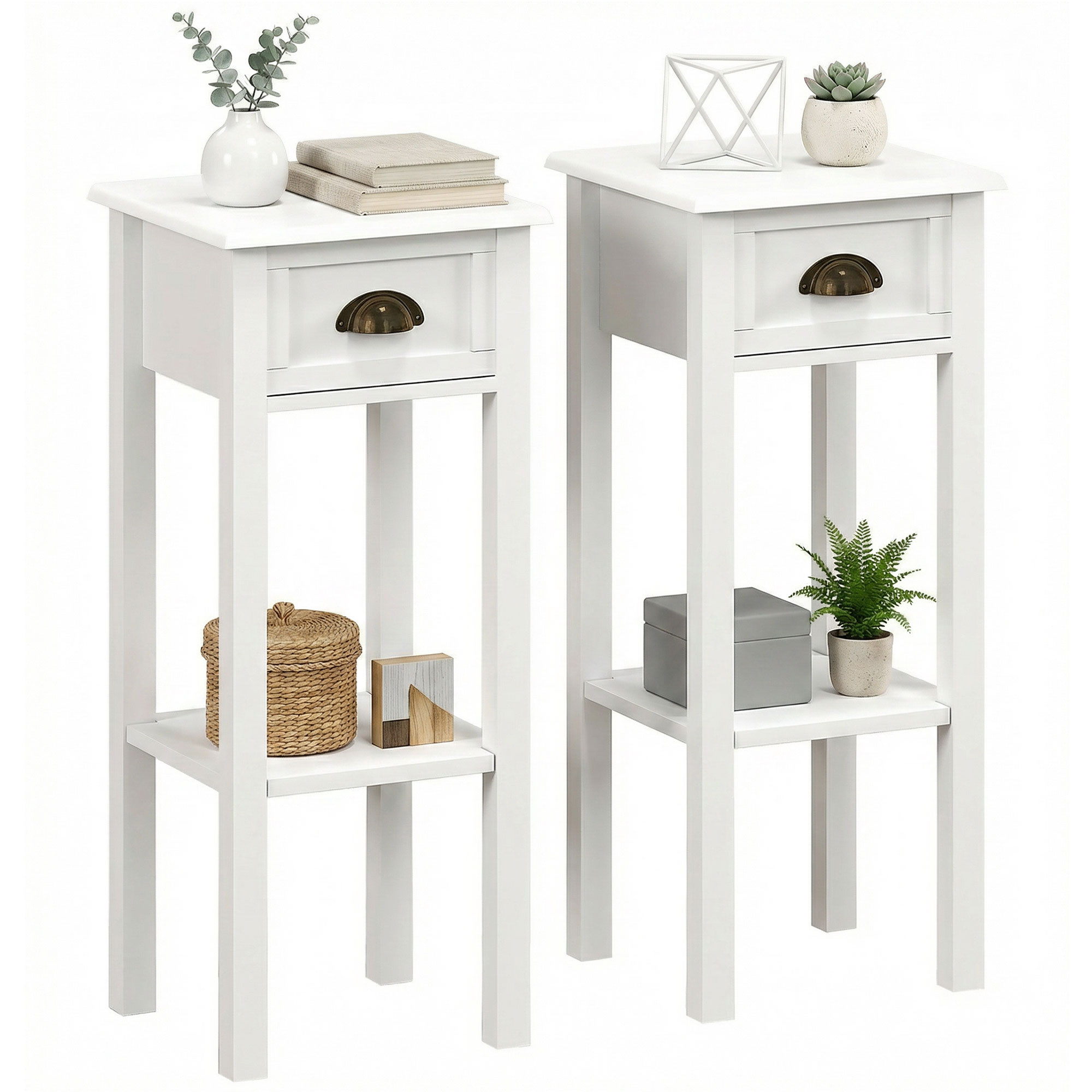 2-Tier Side Tables Set of 2 with Drawer and Shelf, 2 Pieces Bedside Tables for Living Room and Hallway, White (Drop Shipping Only, Not for Amazon)