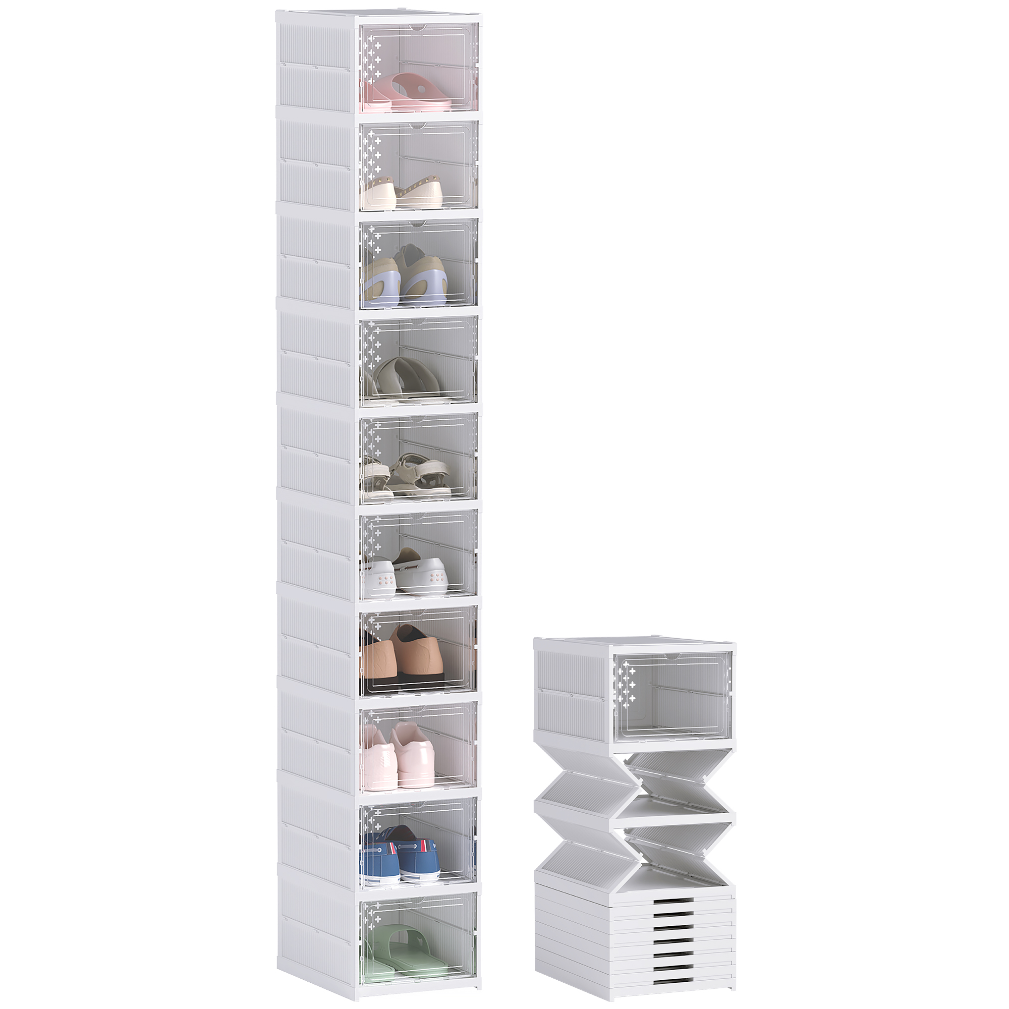 Stackable Plastic Shoe Boxes, 10 Pack Foldable Shoe Storage Boxes with Clear Door, No Assembly, Fit Size 10, White (Drop Shipping Only, Not for Amazon)