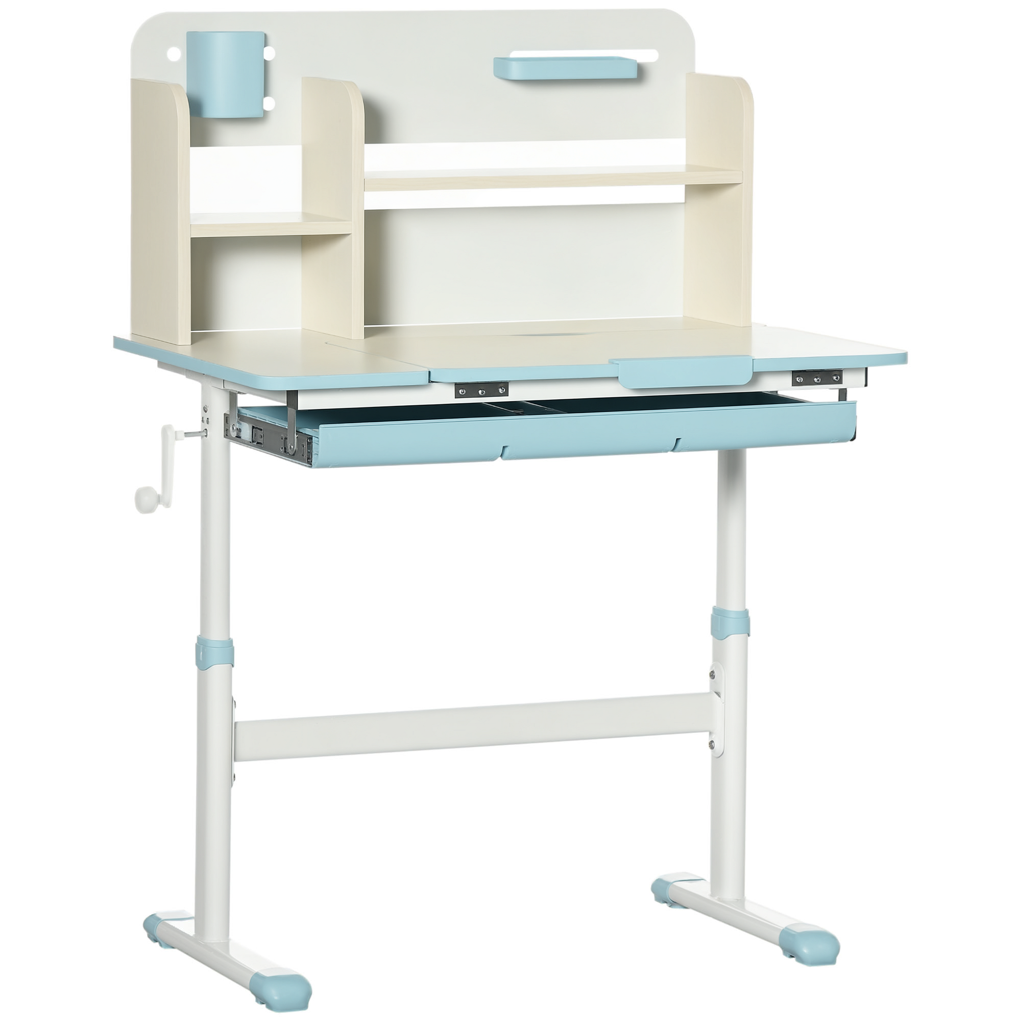 Qaba Wooden Kids Study Desk, Height Adjustable Children School Study Table, Student Writing Desk with Tilt Desktop, Drawer, Storage Shelf, Pen Holder, Blue (Drop Shipping Only, Not for Amazon)