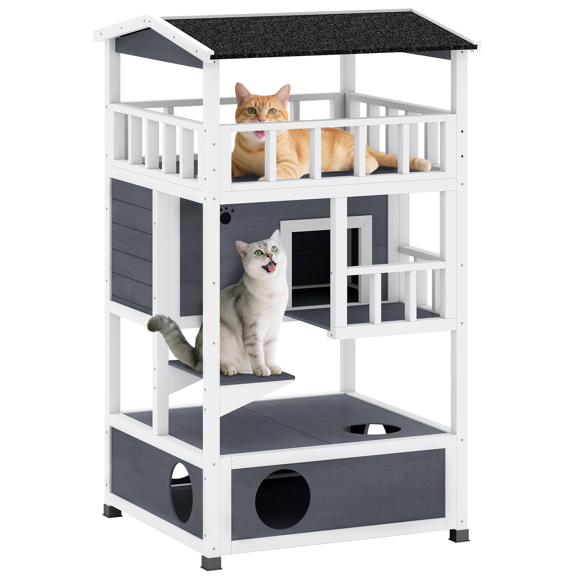 Wooden Outdoor Cat House, Feral Cat Shelter Kitten Condo with Asphalt Roof, Escape Doors, Condo, Jumping Platform, Yellow (Drop Shipping Only, Not for Amazon)