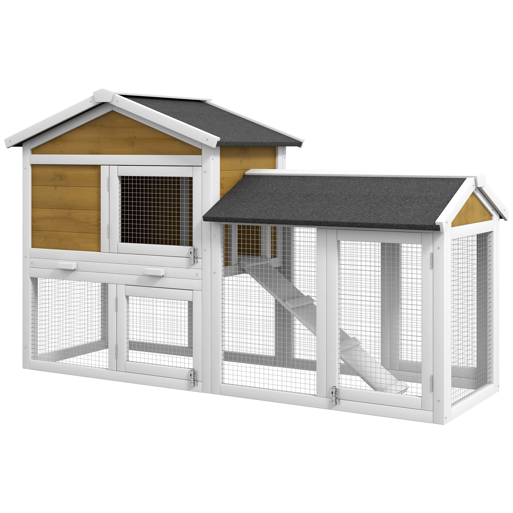 Wooden Rabbit Hutch Outdoor, Double Tier with Water-Resistant Roof, Ramp 147 x 54 x 84 cm, Yellow (Drop Shipping Only, Not for Amazon)