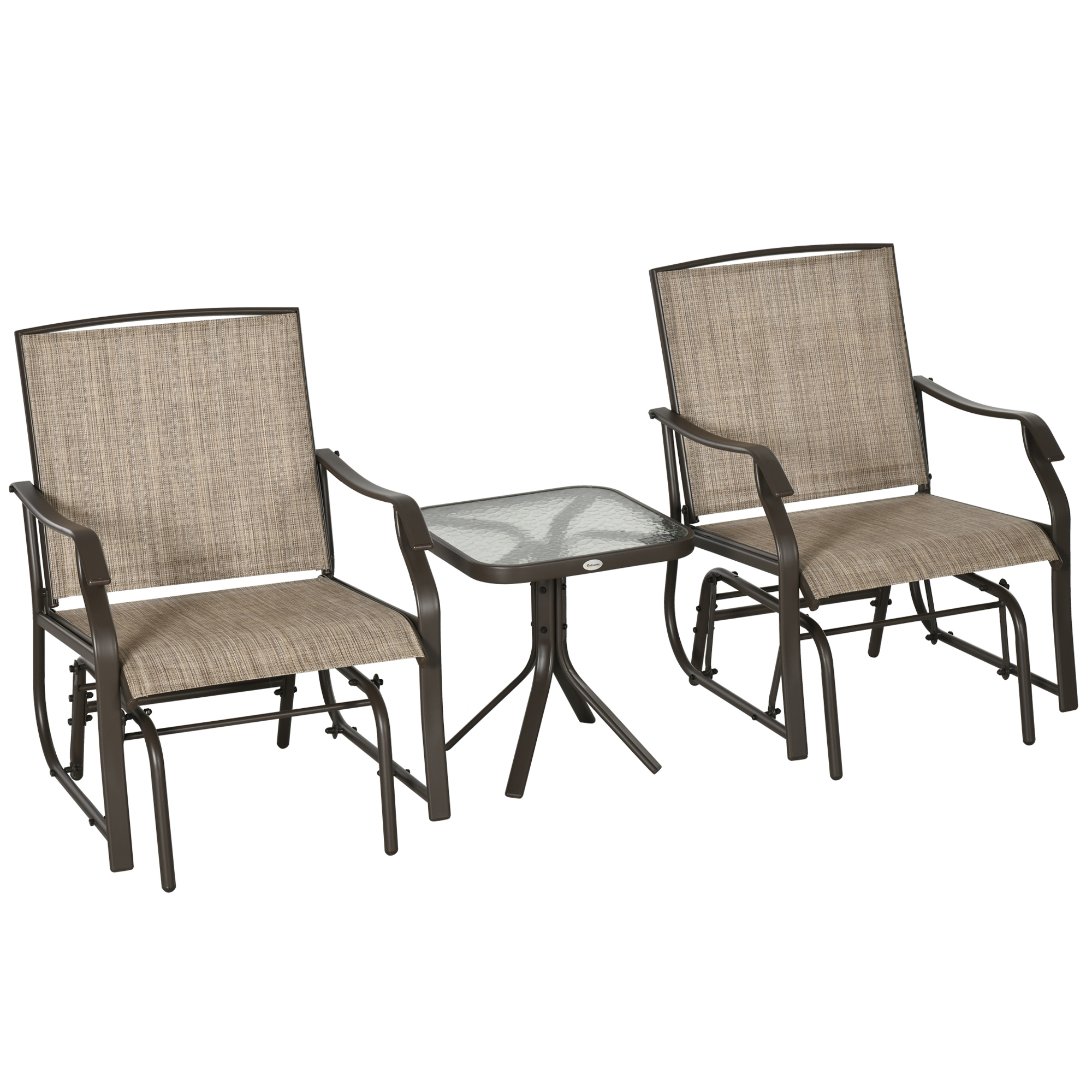 3 Piece Outdoor Glider Chair with Coffee Table Bistro Set, 2 Patio Rocking Swing Chairs with Breathable Sling Fabric, Glass Tabletop, for Backyard, Garden and Porch, Gray (Drop Shipping Only, Not for Amazon)