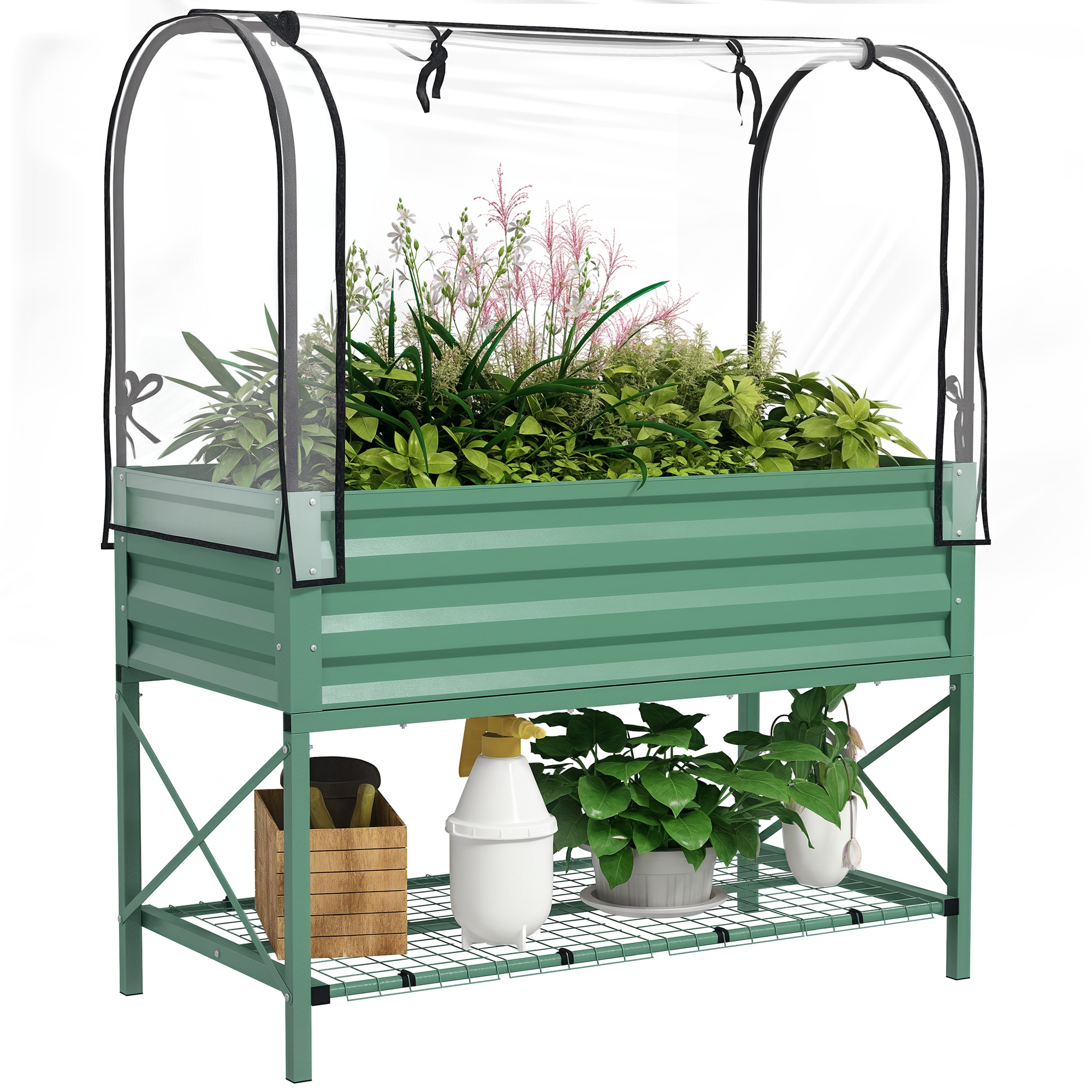 Raised Garden Bed with Legs and Cover, Metal Elevated Planter Box with Bottom Shelf and Liner for Vegetables, Brown (Drop Shipping Only, Not for Amazon)