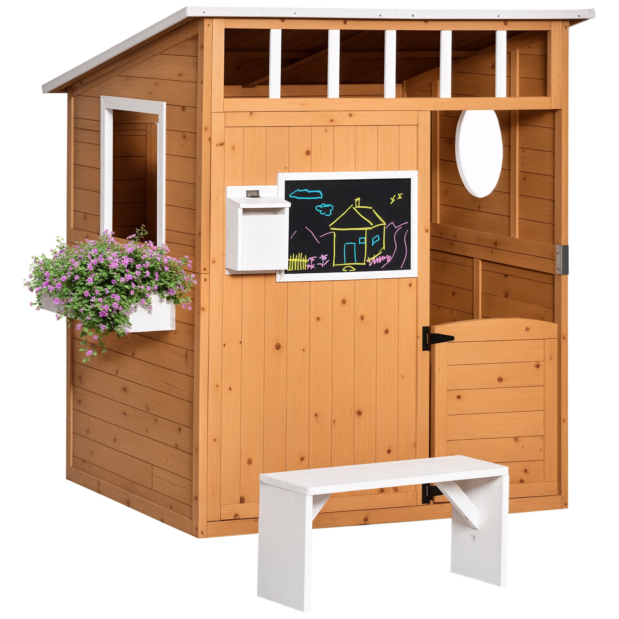 Wooden Playhouse for Kids Outdoor with Working Door, Windows, Mailbox, Bench, Flowers Pot Holder, 48