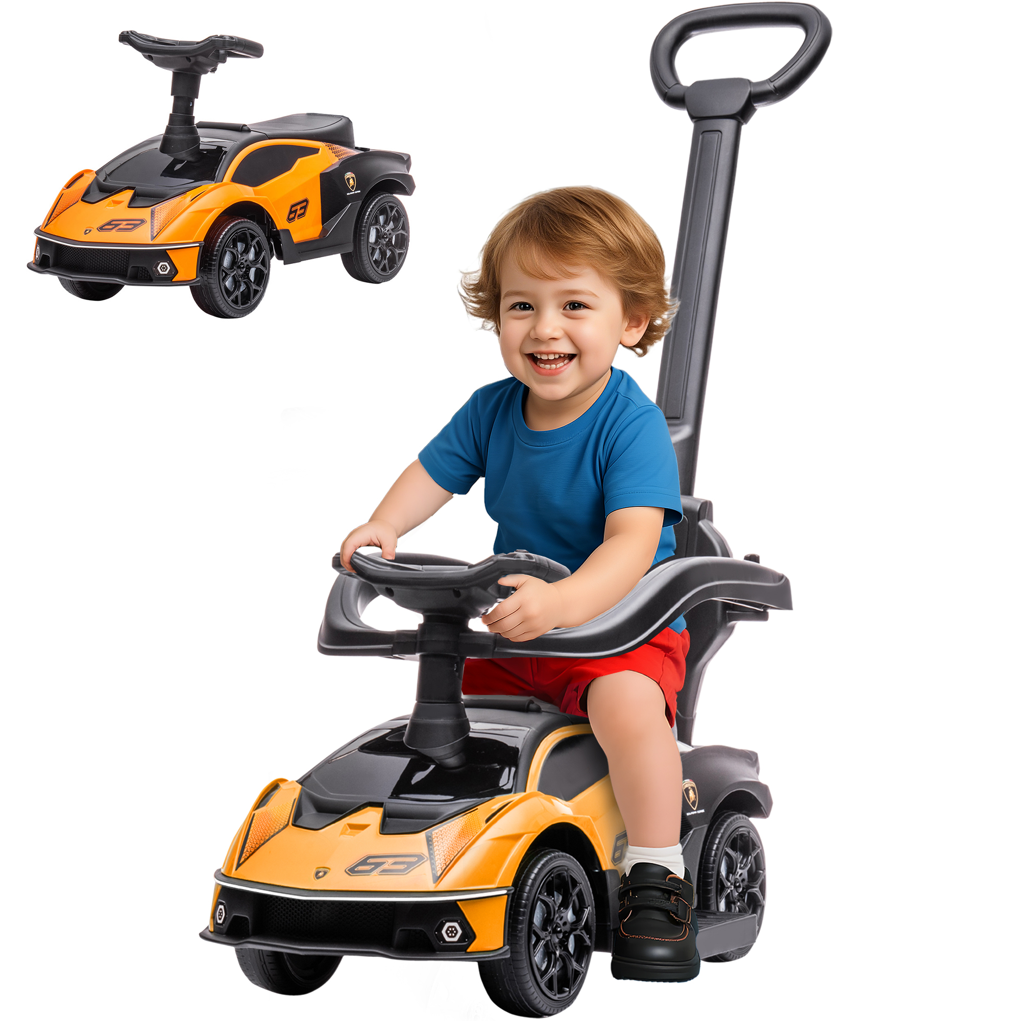 2-in-1 Ride On Push Car for Toddlers 1-3, Licensed Lamborghini Stroller Sliding Car, Push-Along with Under Seat Storage Horn Engine Sound and Steering Wheel, Manual, Orange (Drop Shipping Only, Not for Amazon)