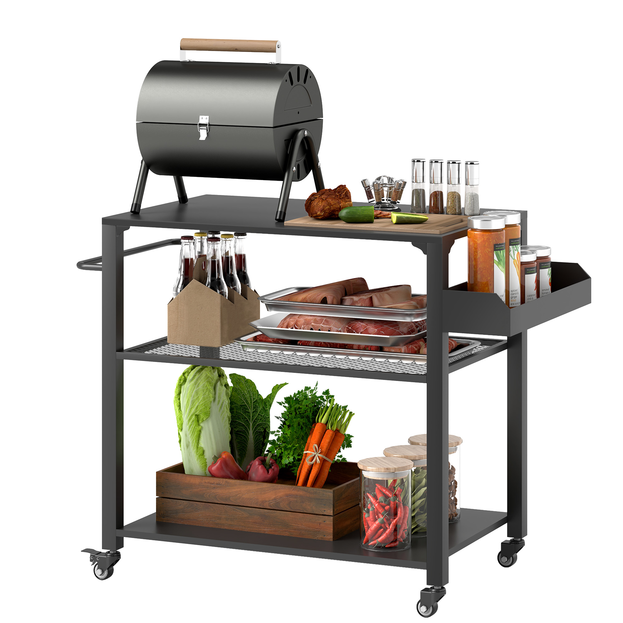3-Tier Outdoor Grill Cart with Storage Racks, Side Handle, Movable Pizza Oven Table on Wheels (Drop Shipping Only, Not for Amazon)