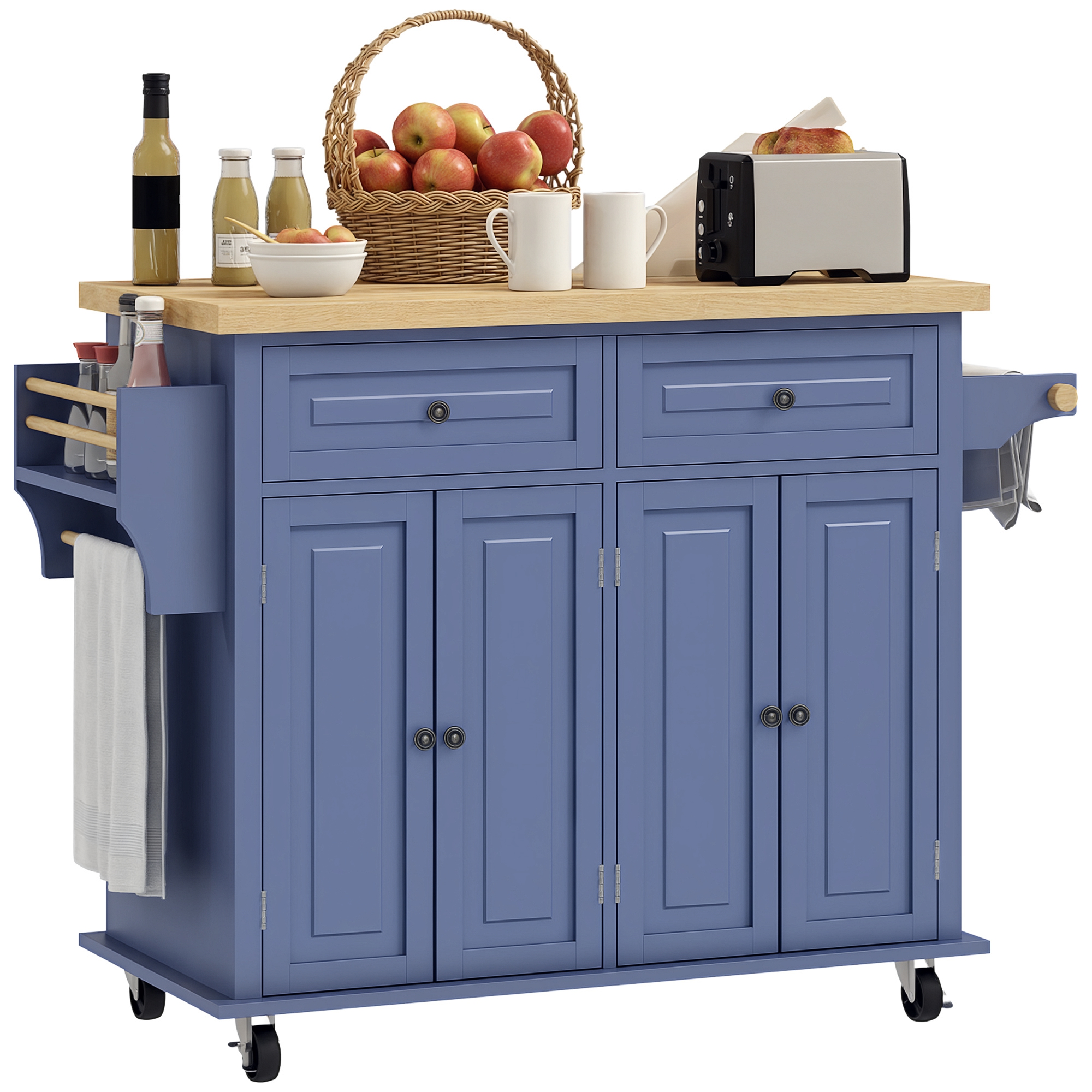 Kitchen Island on Wheels, Rolling Cart with Rubberwood Top, Spice Rack, Towel Rack and Drawers, Navy Blue (Drop Shipping Only, Not for Amazon)