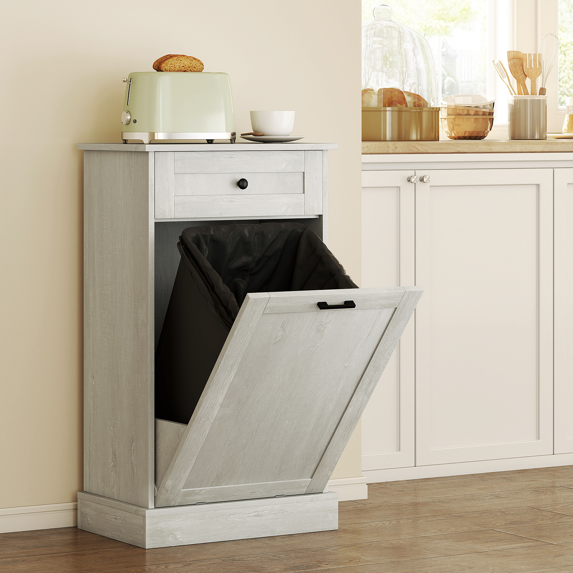 Kitchen Tilt Out Trash Bin Cabinet Free Standing Storage Cabinet with Drawer, Light Gray (Drop Shipping Only, Not for Amazon)