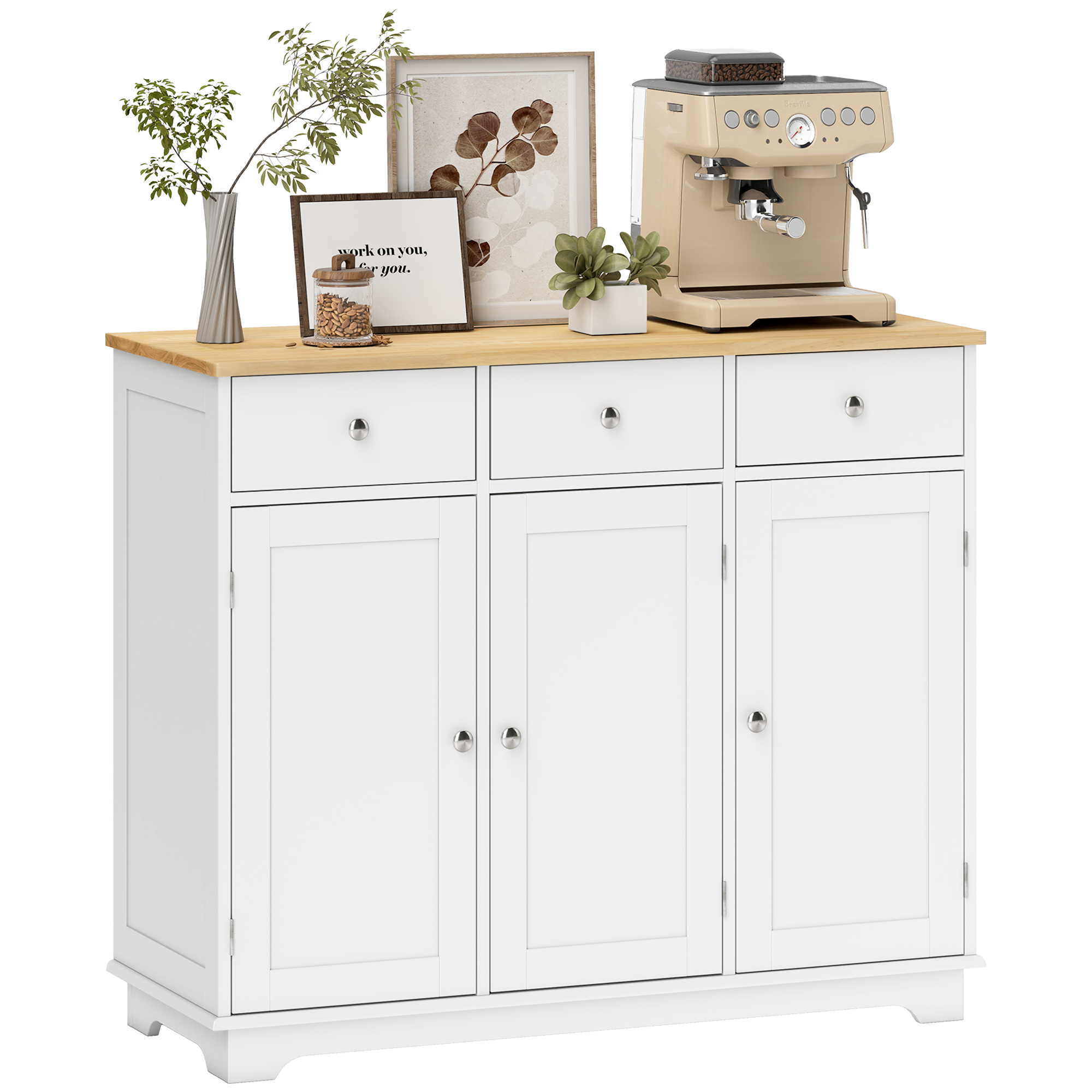 Sideboard with Rubber Wood Top, Modern Storage Cabinet, Kitchen Cupboard with 3 Doors, 3 Drawers and 3 Adjustable Shelves for Dining Room, Living Room, White (Drop Shipping Only, Not for Amazon)