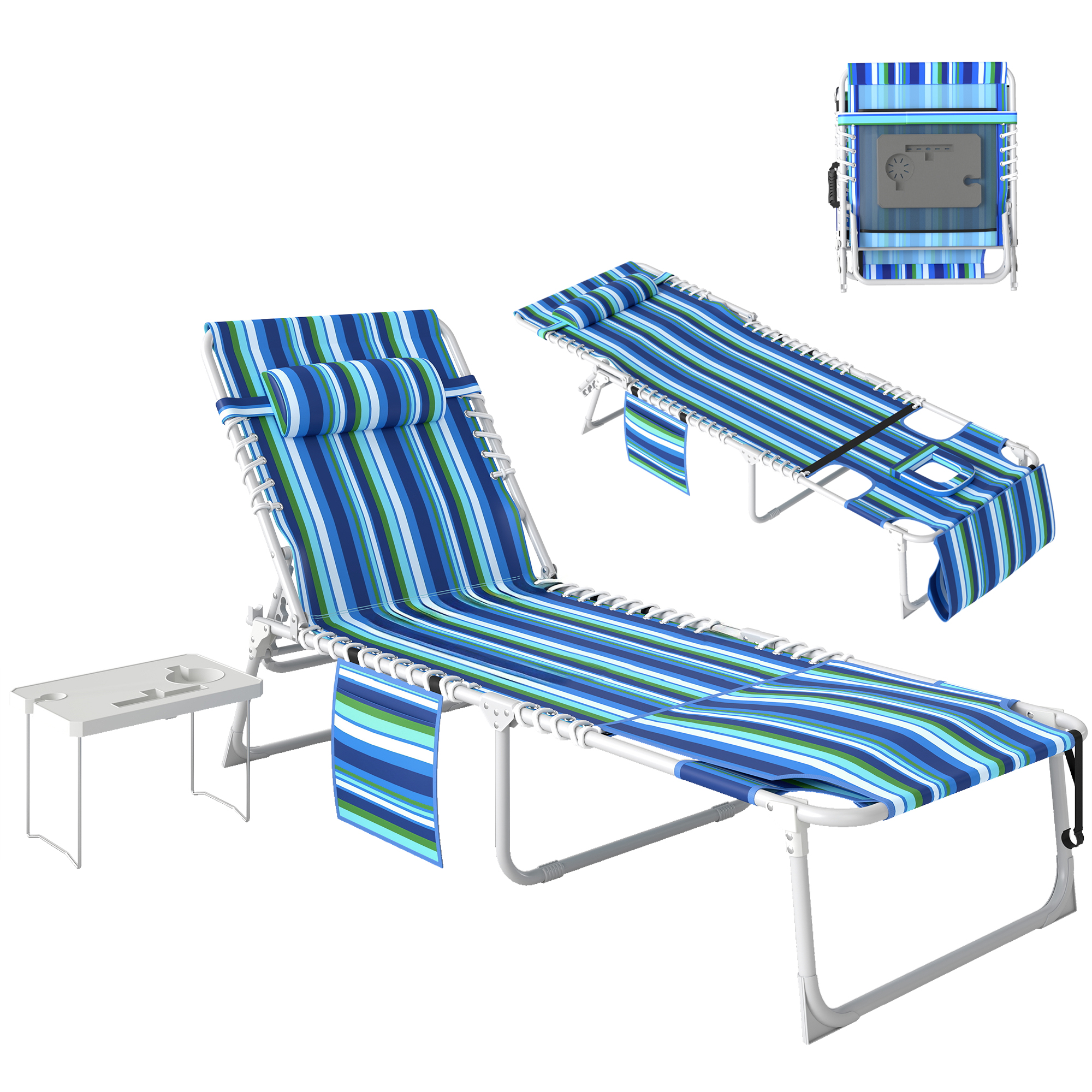 Tanning Chair with Face Hole and Side Table, 5-Position Folding Outdoor Chaise Lounge Chair, Blue Stripe (Drop Shipping Only, Not for Amazon)