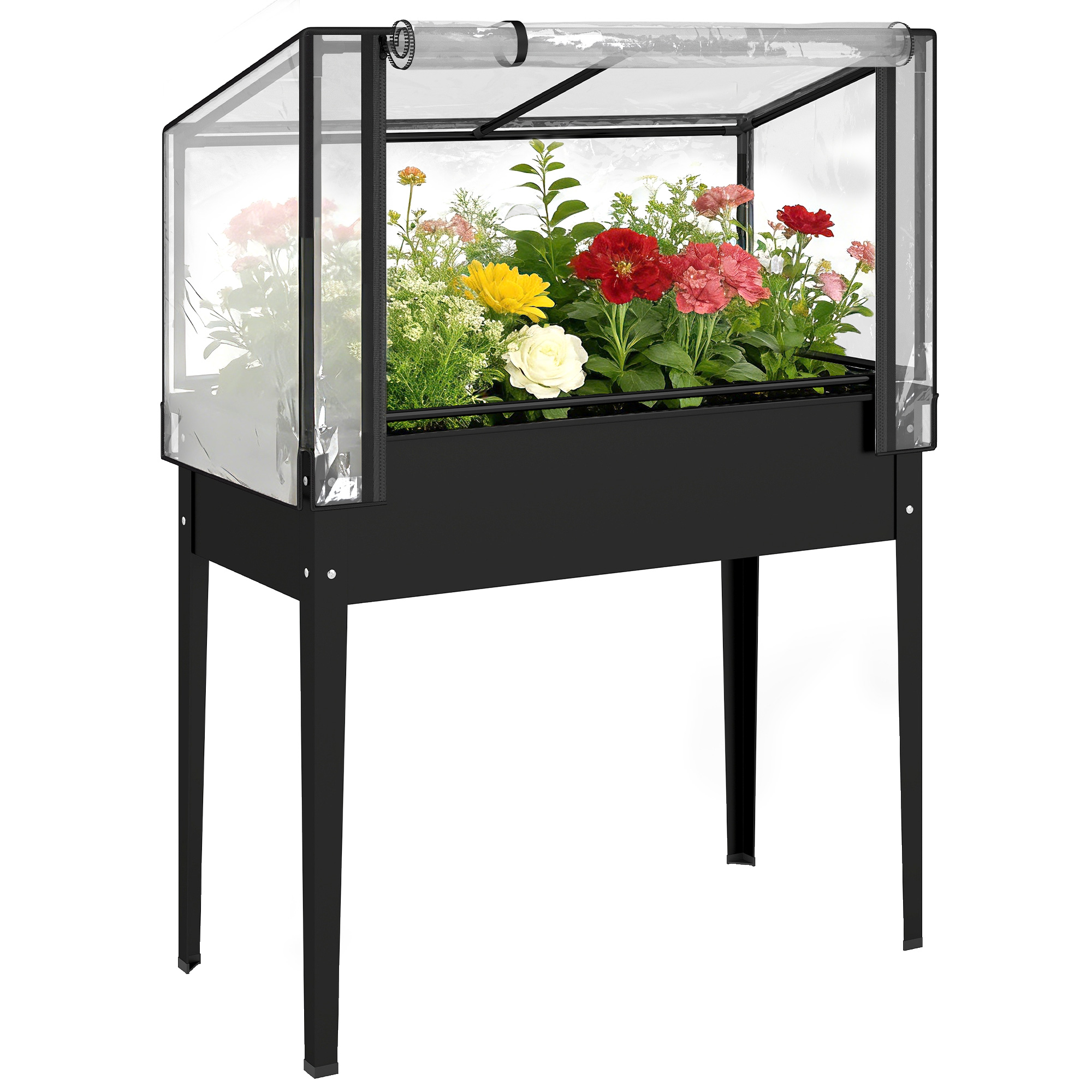 Raised Garden Bed with Flip-Up Greenhouse Cover, Metal Elevated Garden Bed with Legs and Drainage Hole, White (Drop Shipping Only, Not for Amazon)