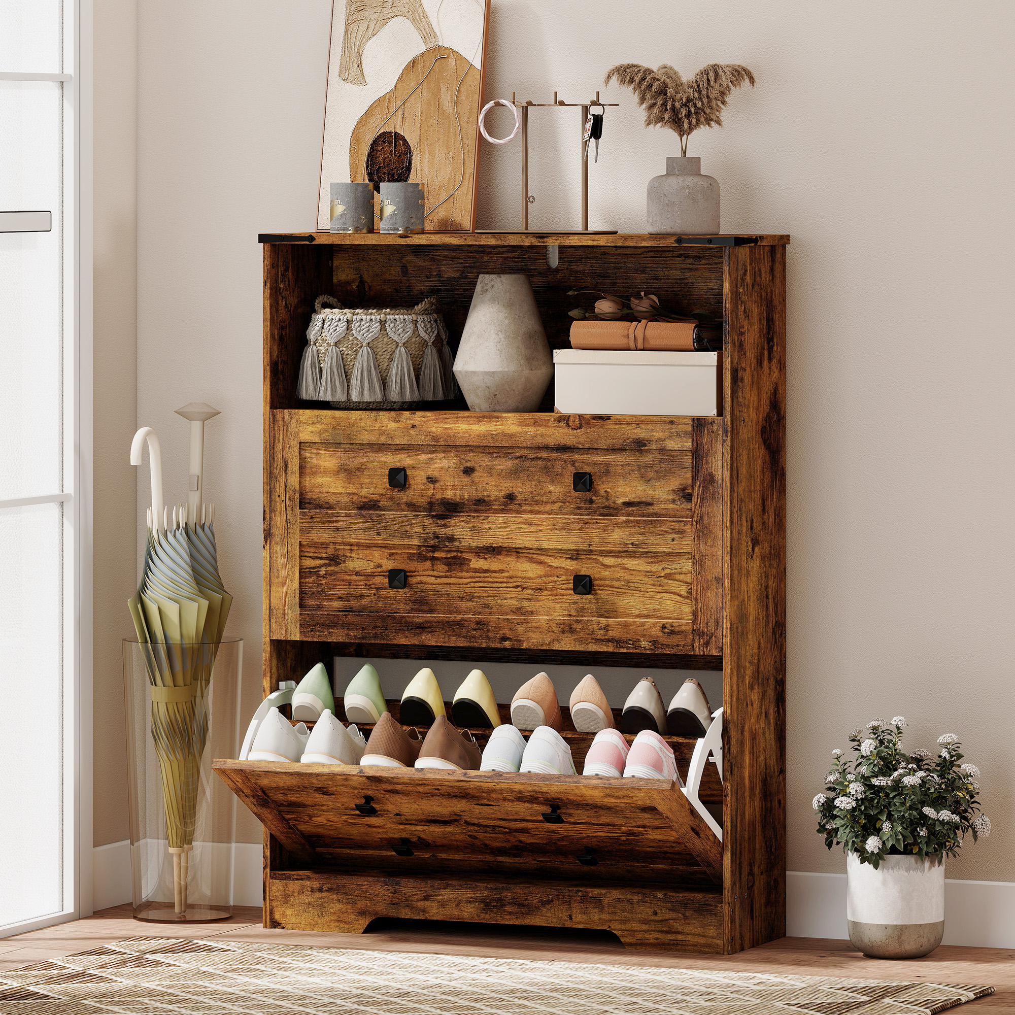 Shoe Cabinet with 2 Flip Drawers, Narrow Shoe Storage Cabinet, Rustic Brown (Drop Shipping Only, Not for Amazon)