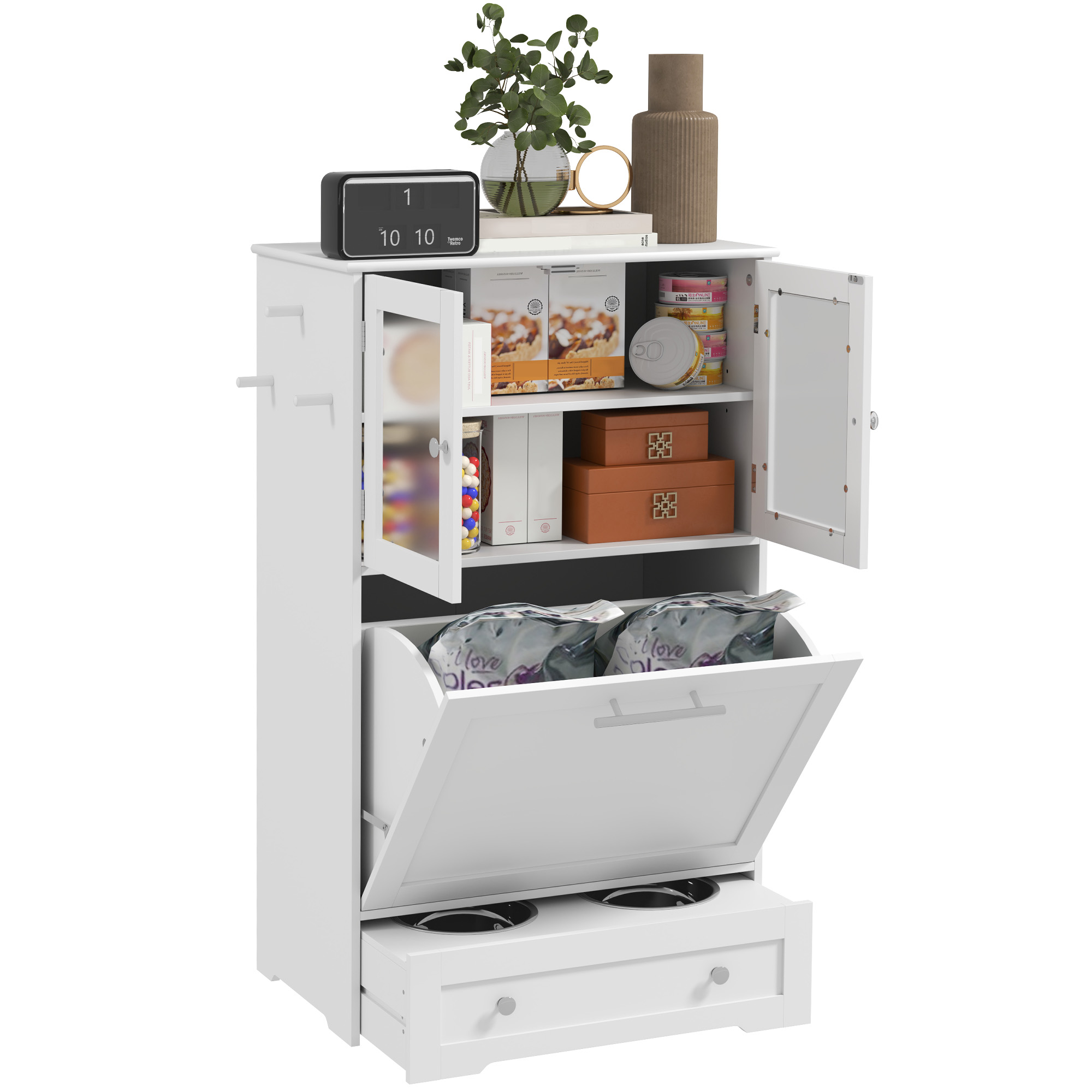 Dog Feeding Station with 2 Storage Cabinets, 2 Elevated Bowls, Side Hooks, Anti-tip Kit for Water and Feeding Supplies (Drop Shipping Only, Not for Amazon)