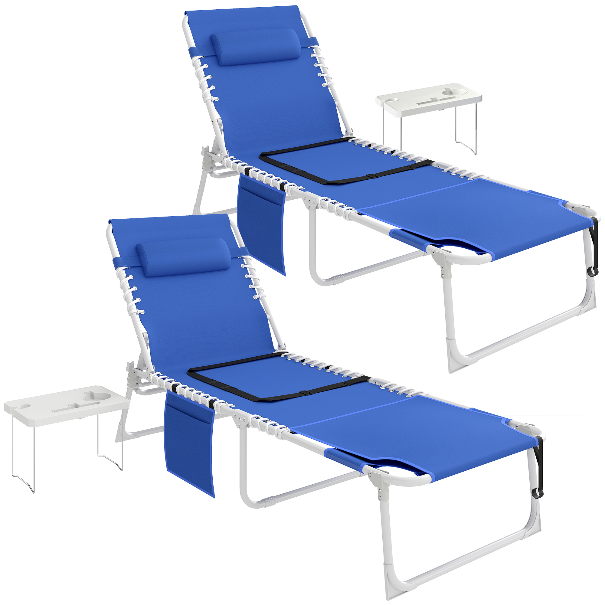 Tanning Chair Set of 2 with Face Hole and Side Table, 5-Position Folding Outdoor Chaise Lounge Chair, Navy Blue (Drop Shipping Only, Not for Amazon)