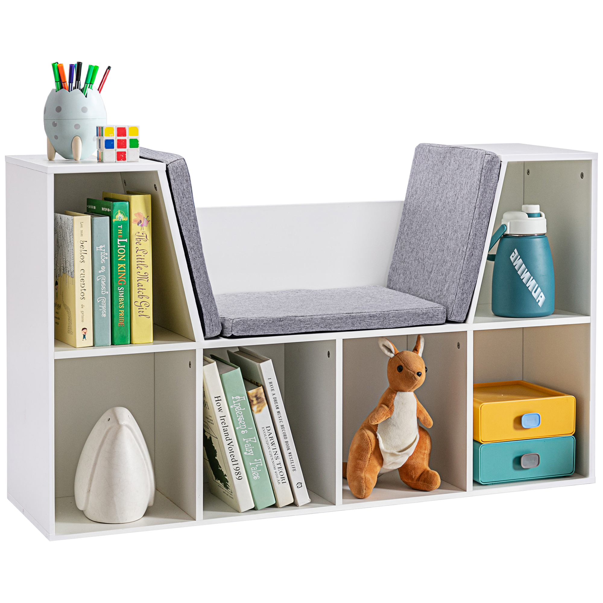 6-Cubby Kids Bookcase with Reading Nook and Cushion, Multi-Purpose Storage Organizer for Bedroom, Living Room, Pure White (Drop Shipping Only, Not for Amazon)