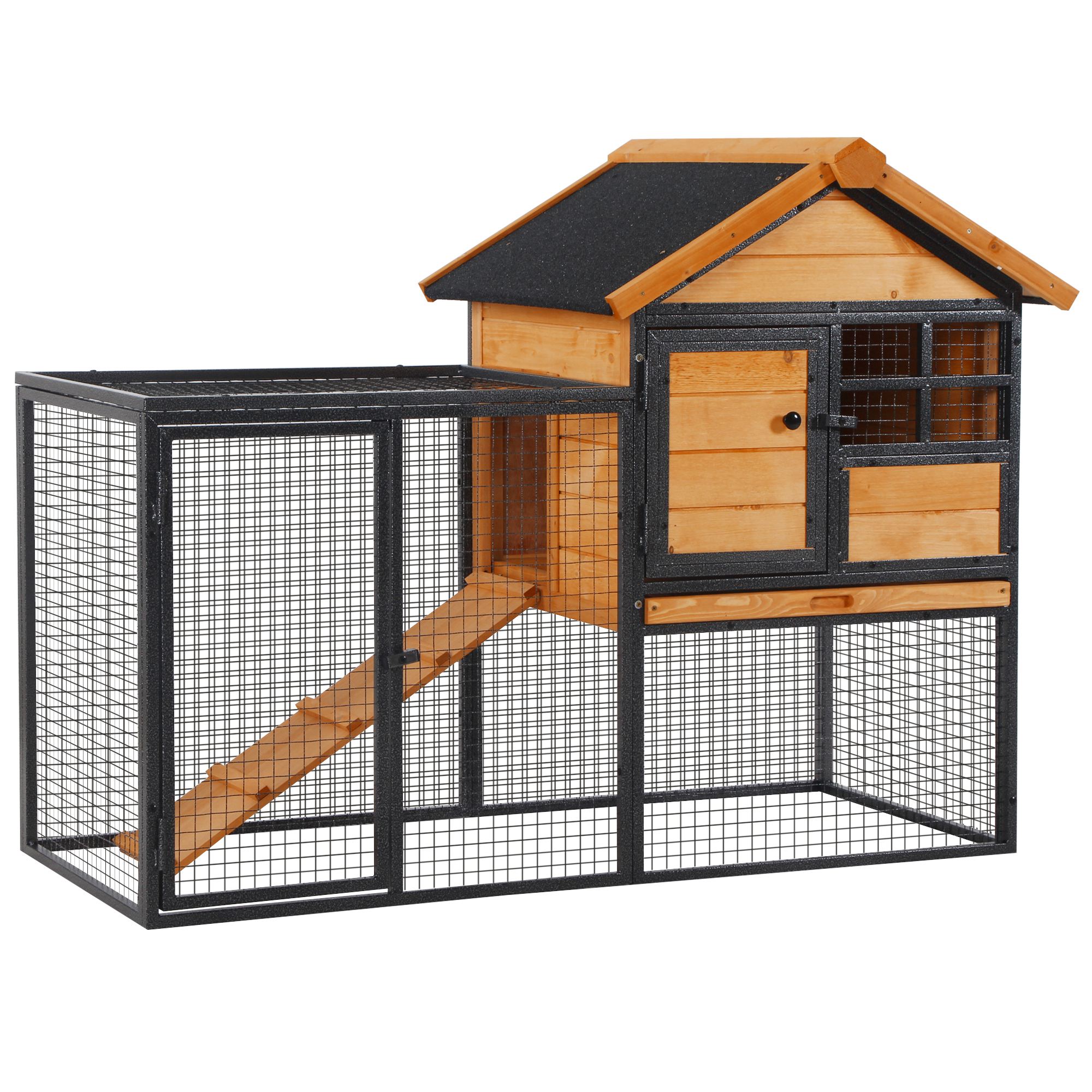Outdoor Rabbit Cage Elevated Pet House w/ Slide-Out Tray, Natural Wood & Black (Drop Shipping Only, Not for Amazon)