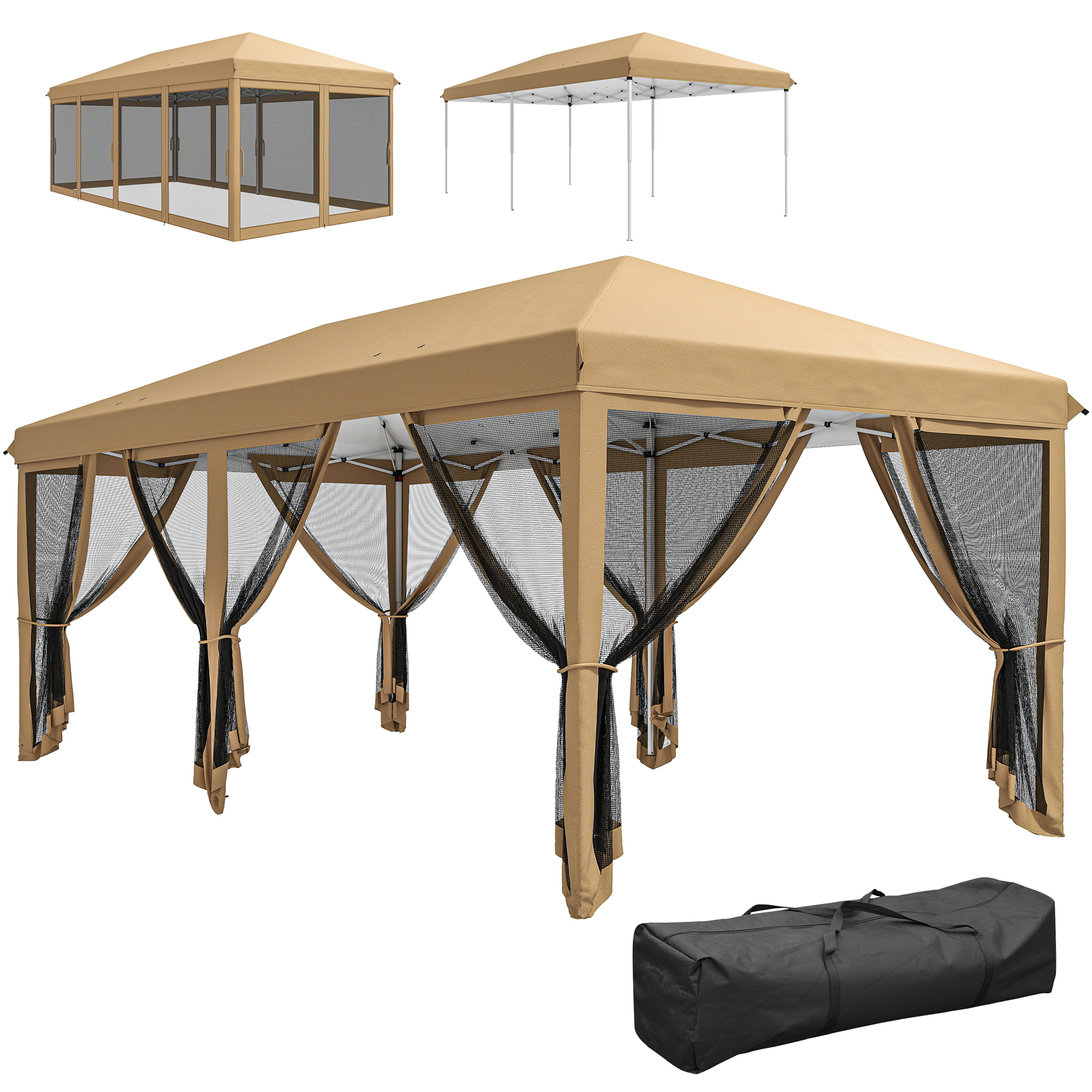 10' x 20' Pop Up Canopy Tent with Netting, Heavy Duty Instant Sun Shelter, Large Tents for Parties with Carry Bag for Outdoor, Garden, Patio, Beige (Drop Shipping Only, Not for Amazon)