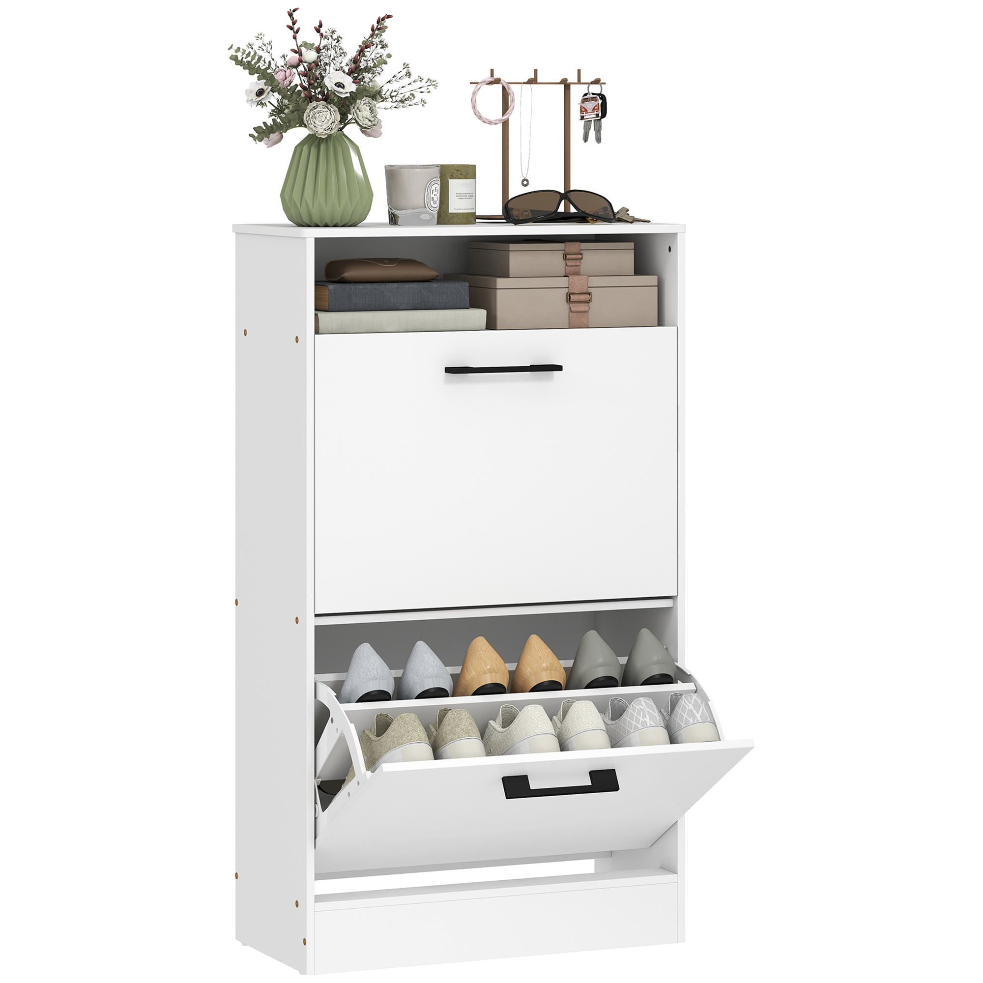 Shoe Cabinet 2 Flip Drawers Adjustable Dividers Shoe Storage Cabinet Top Shelf Entryway White (Drop Shipping Only, Not for Amazon)