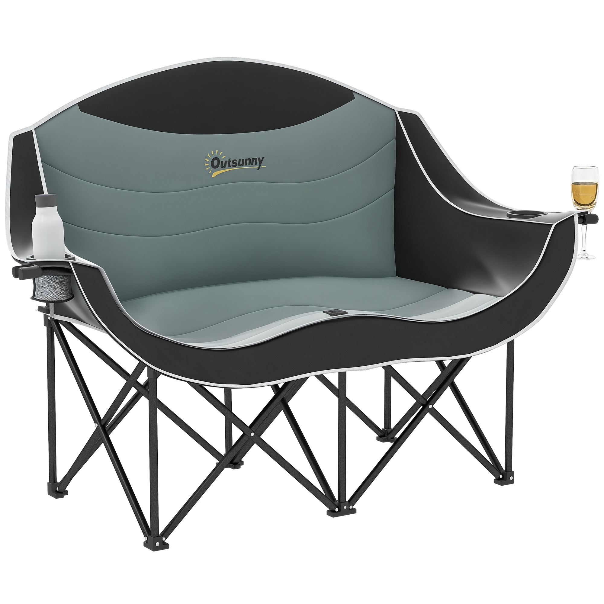Padded Folding Camp Chair for Adults, Double Camping Chair with Armrests, Cup Holders, Carry Bag for Outdoor, Blue (Drop Shipping Only, Not for Amazon)