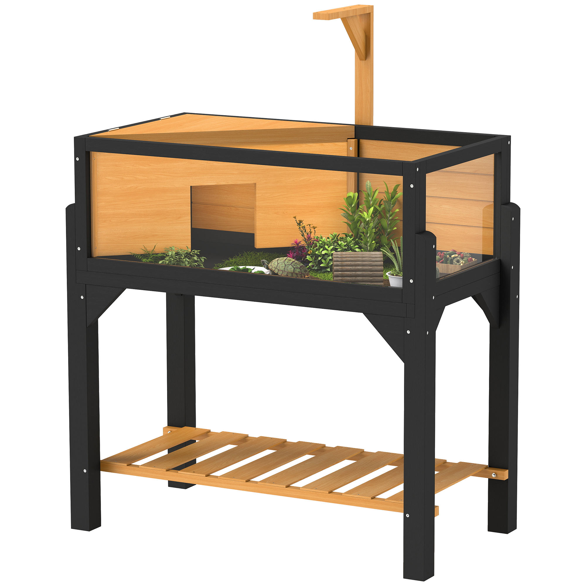 Wooden Tortoise House with Storage Shelf, Clear Observation Windows, Lamp Holder, Openable Top, Built-in Tray, Grey (Drop Shipping Only, Not for Amazon)