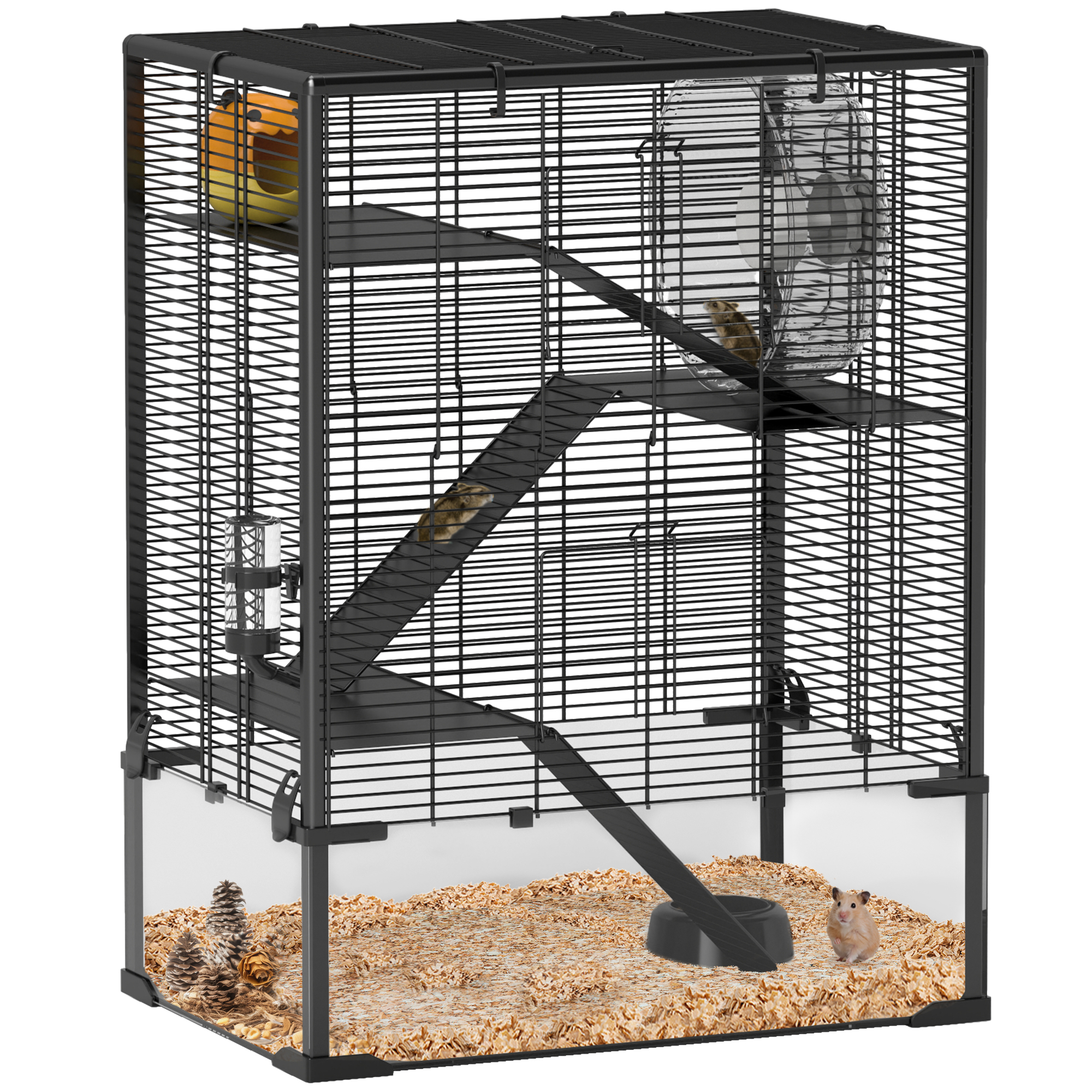 Four-Tier Hamster Cage with Deep Tempered Glass Bottom, Hut, Running Wheel, Food Dish, Water Bottle, 60 x 40 x 80cm (Drop Shipping Only, Not for Amazon)