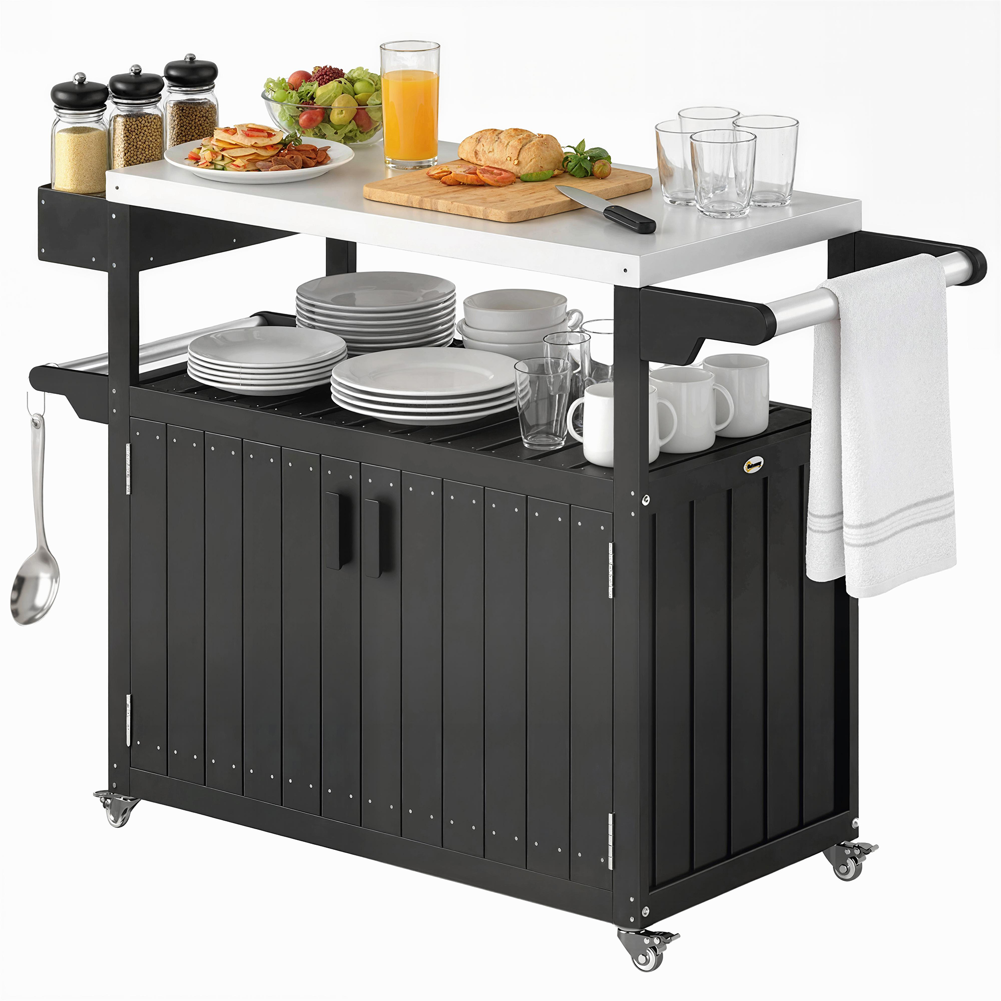 Outdoor Bar Cart with Storage, Stainless Steel Outdoor Bar Table Top, Wheeled HDPE Kitchen Island for Food Prep, Gray (Drop Shipping Only, Not for Amazon)