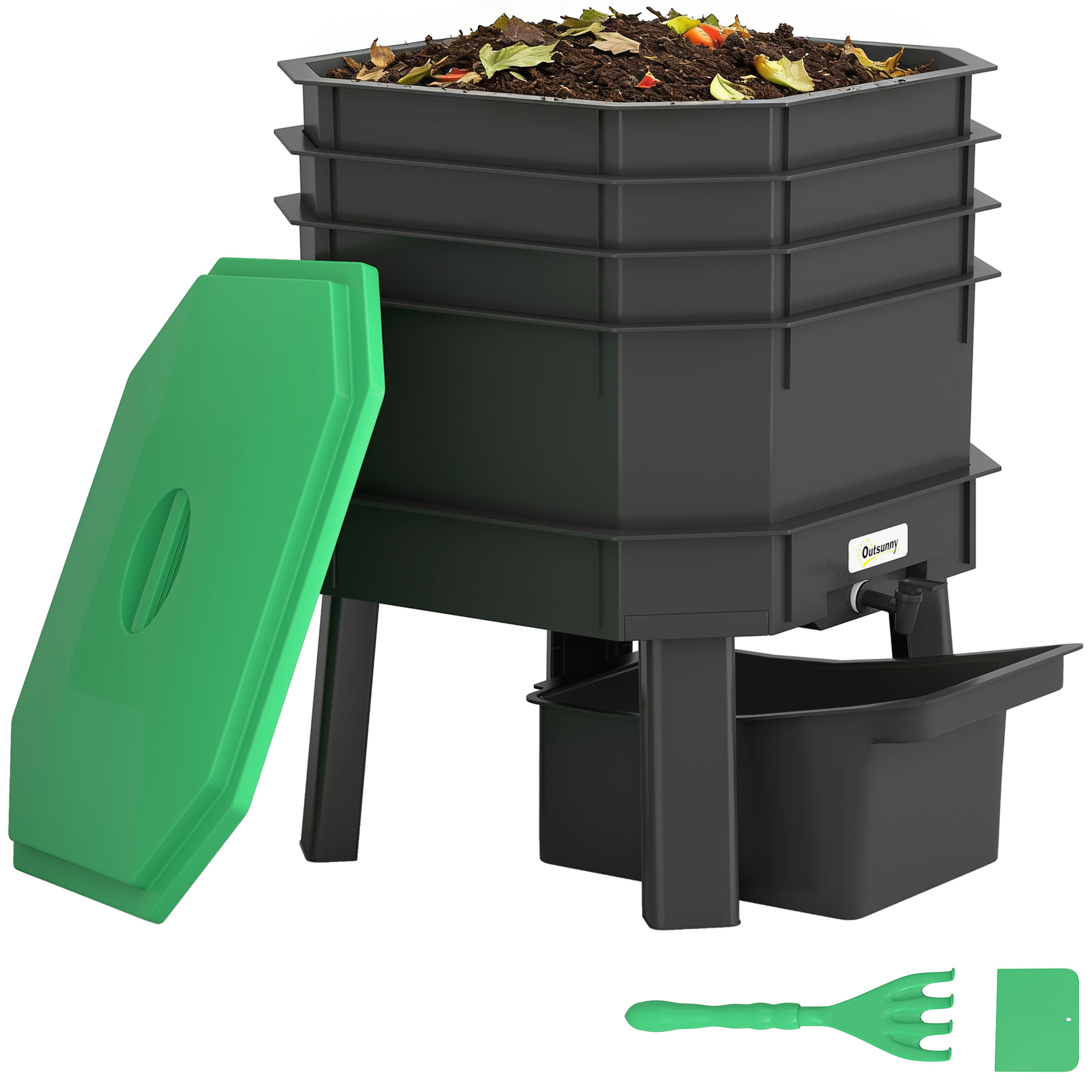 4-Tray Worm Composter Bin, 7.4 Gal Outdoor & Indoor Worm Composter for Recycling Food Waste, Dark Green (Drop Shipping Only, Not for Amazon)