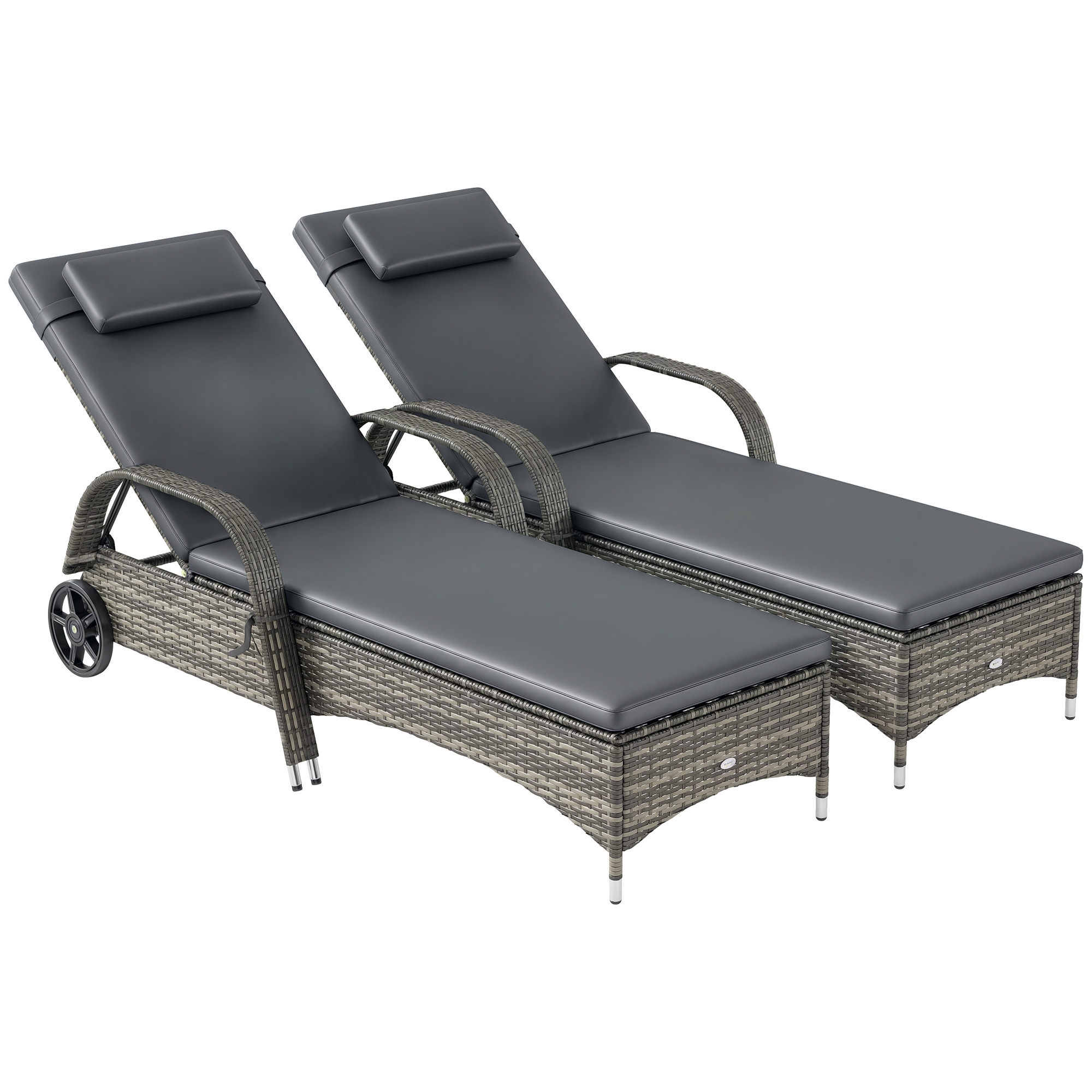 2 Reclining Chaise Lounge Chairs, Rolling Outdoor Chairs with Cushion, Pillow, Headrest, Armrests, and Wheels, Gray (Drop Shipping Only, Not for Amazon)