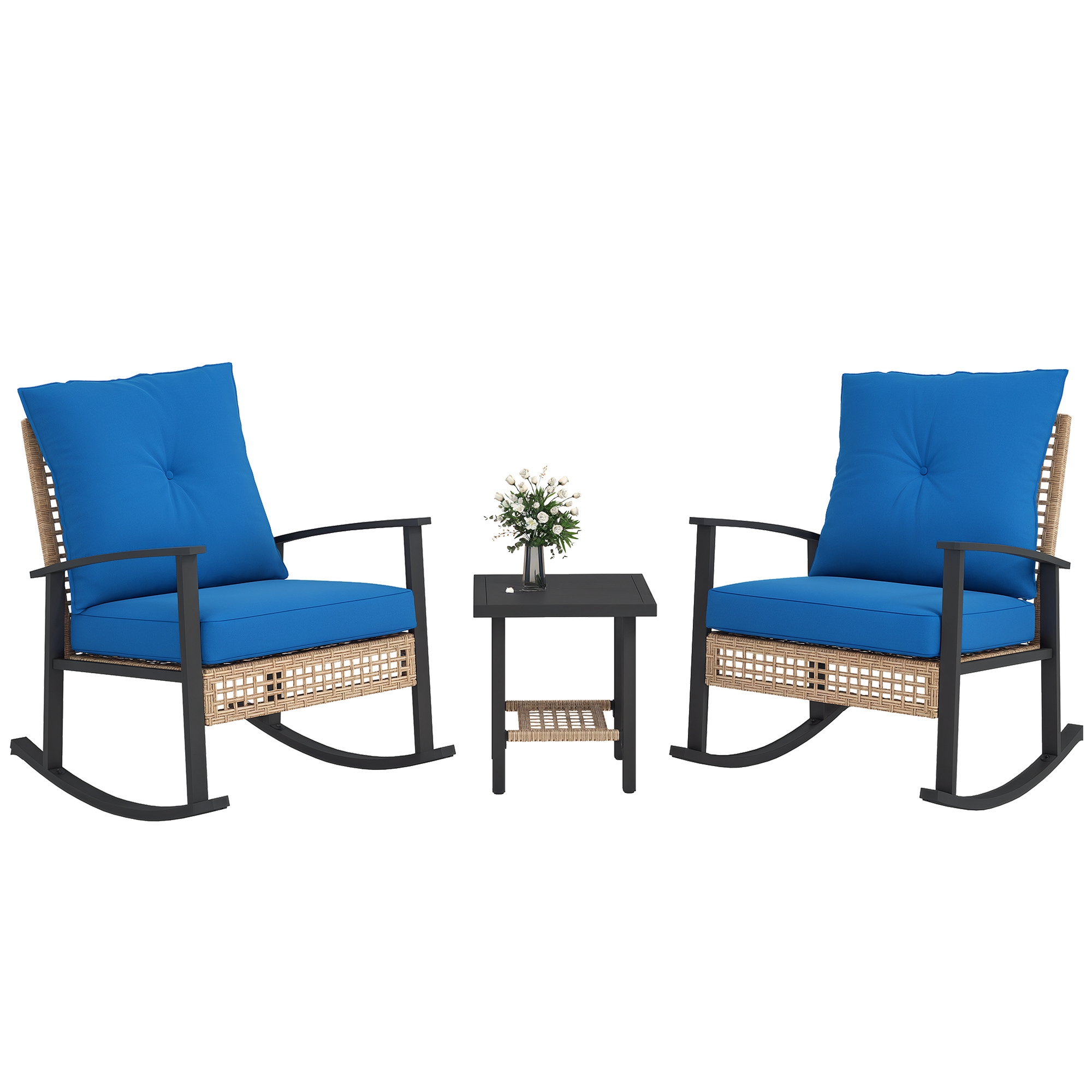 3 Pieces Bistro Set, Patio Wicker Furniture Set with Button Tufted Cushions, Rattan Rocking Chairs, Coffee Table, Blue (Drop Shipping Only, Not for Amazon)