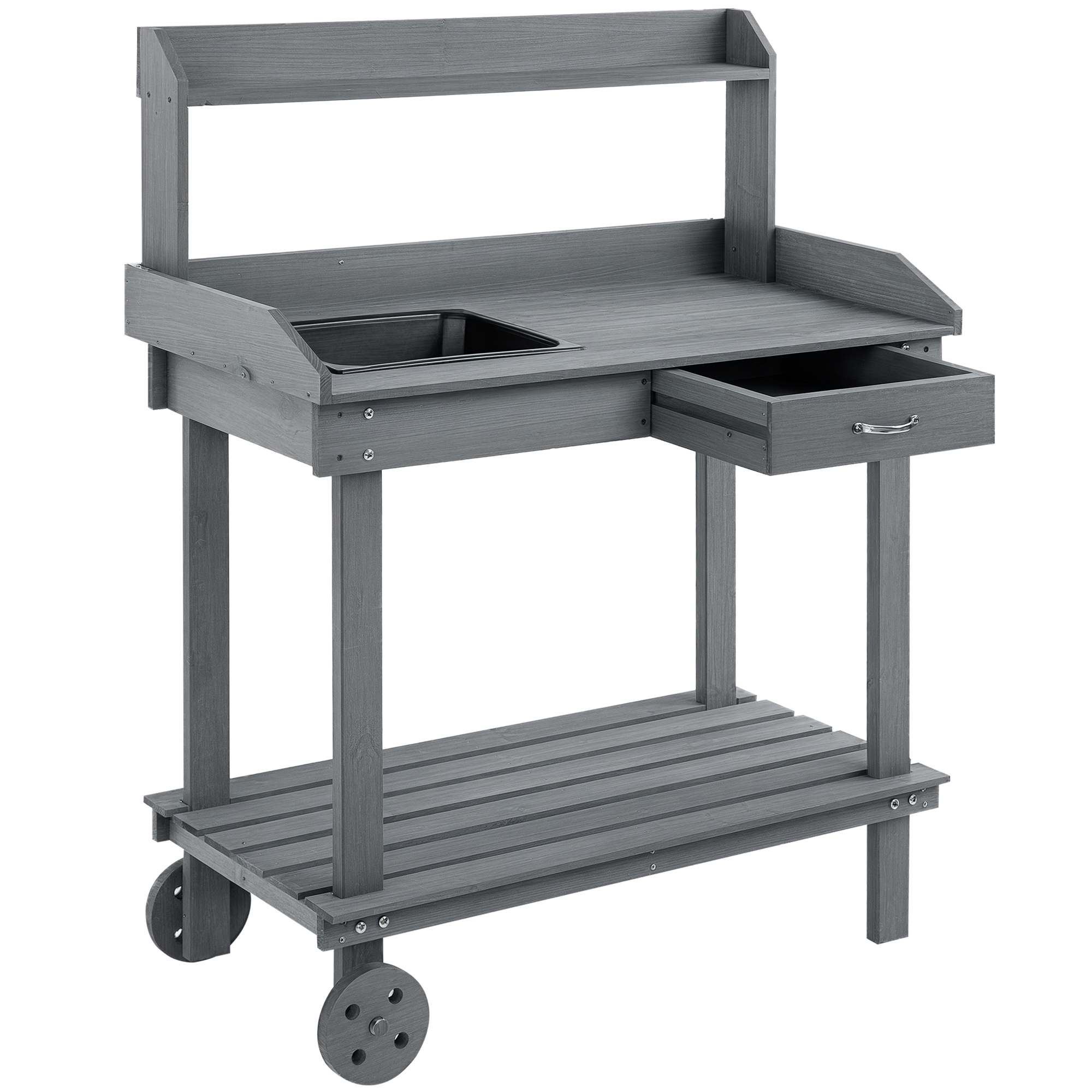 36'' Wooden Potting Bench Work Table with 2 Removable Wheels, Sink, Drawer & Large Storage Spaces, Brown (Drop Shipping Only, Not for Amazon)