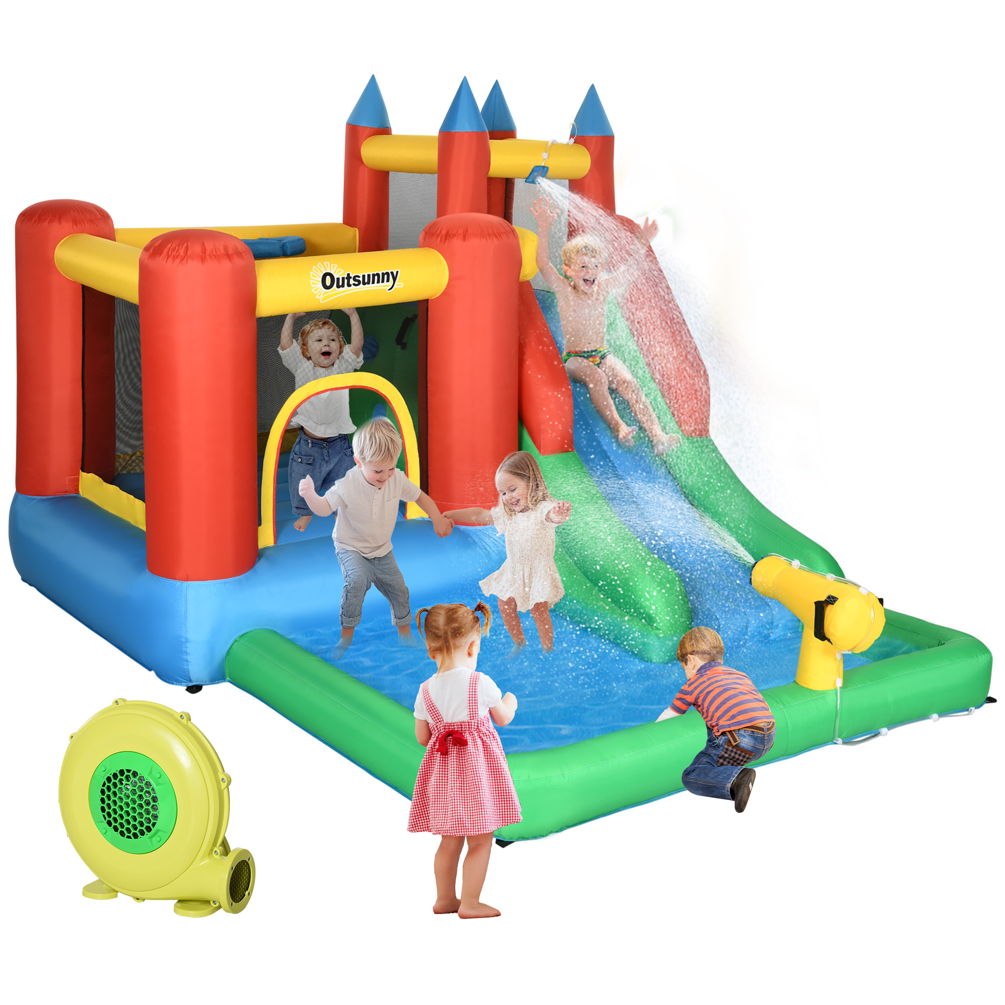 Kids Bounce House Inflatable Slide with Splash Pool, Water Cannon, Climbing Wall, Inflator Included, 6 in1 Bouncy Castle Kids Backyard Activity Outdoor Water Play Toy (Drop Shipping Only, Not for Amazon)