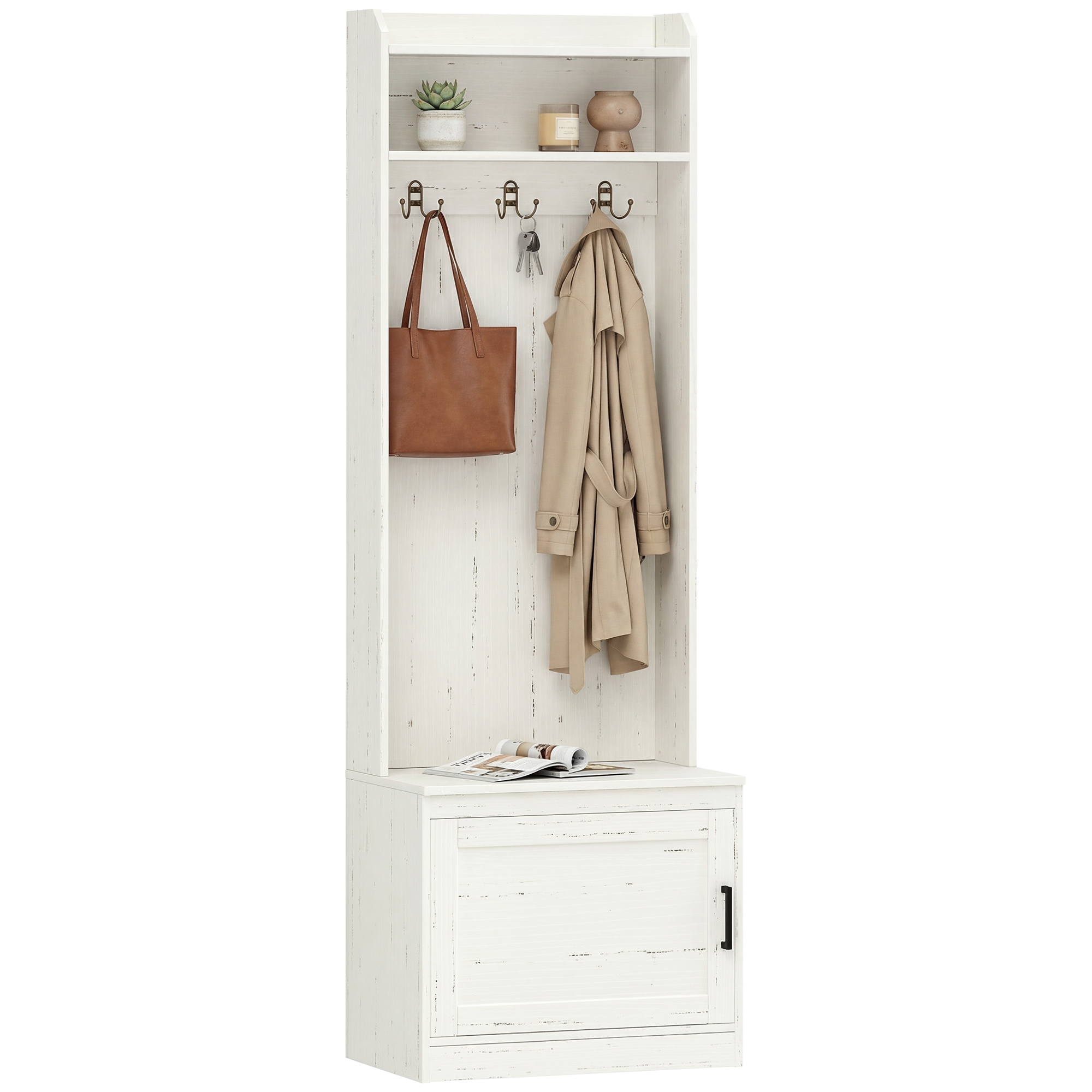 Narrow Hall Tree with Shoe Storage Bench, Rustic Entryway Bench with Coat Rack, Accent Coat Tree with Storage Shelves for Hallway, Mudroom, White Wood Grain (Drop Shipping Only, Not for Amazon)
