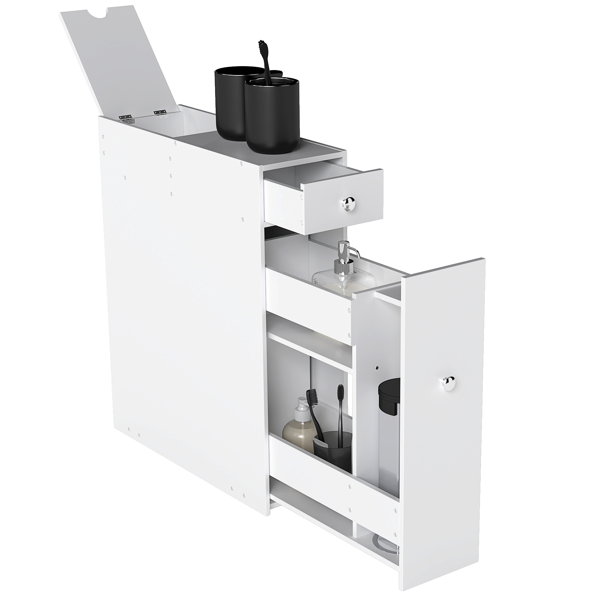 Bathroom Floor Organizer Free Standing Space Saving Narrow Storage Cabinet Bath Toilet Paper Holder with Drawers White (Drop Shipping Only, Not for Amazon)
