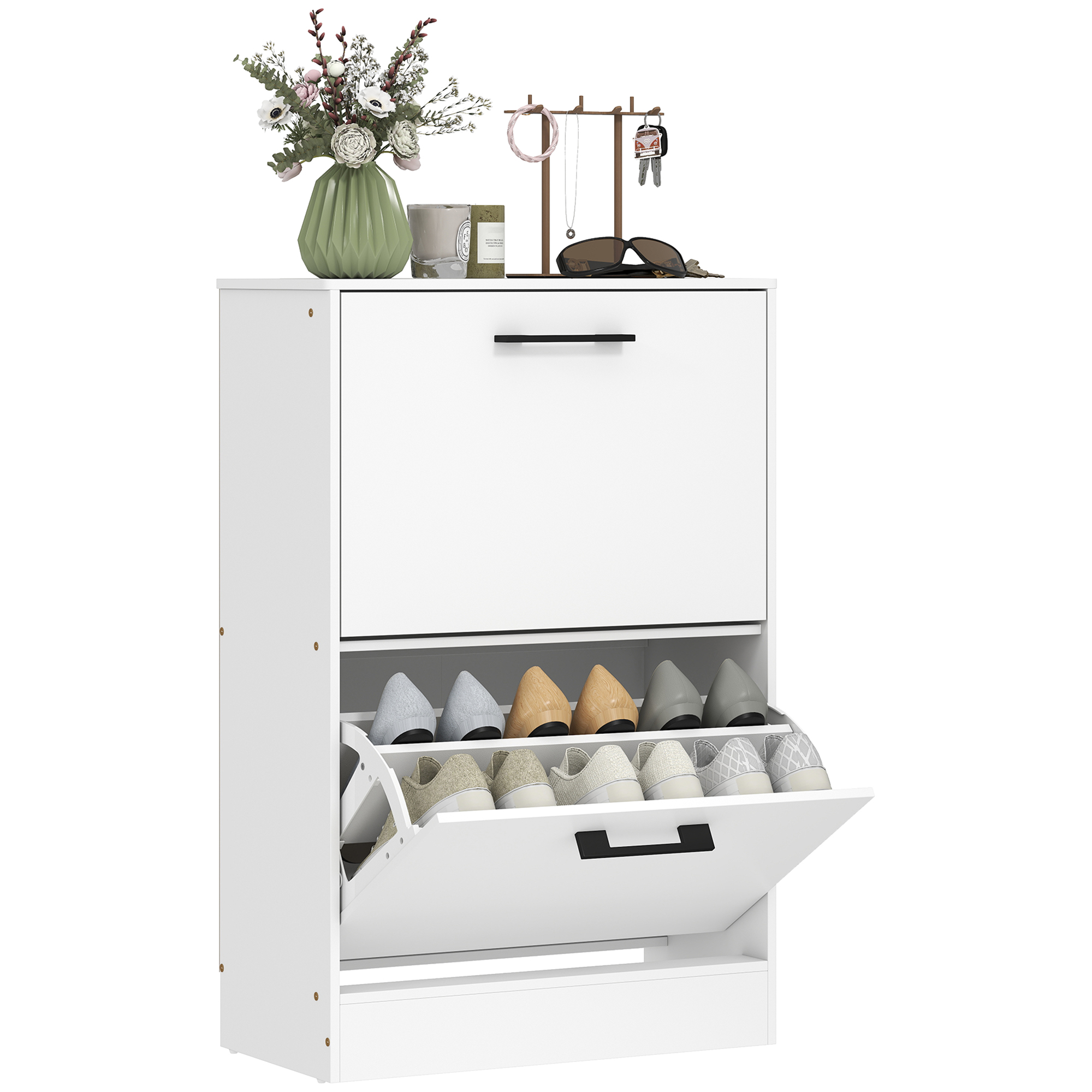 Shoe Cabinet 2 Flip Drawers Narrow Shoe Storage Unit Adjustable Dividers Entryway Hallway White (Drop Shipping Only, Not for Amazon)