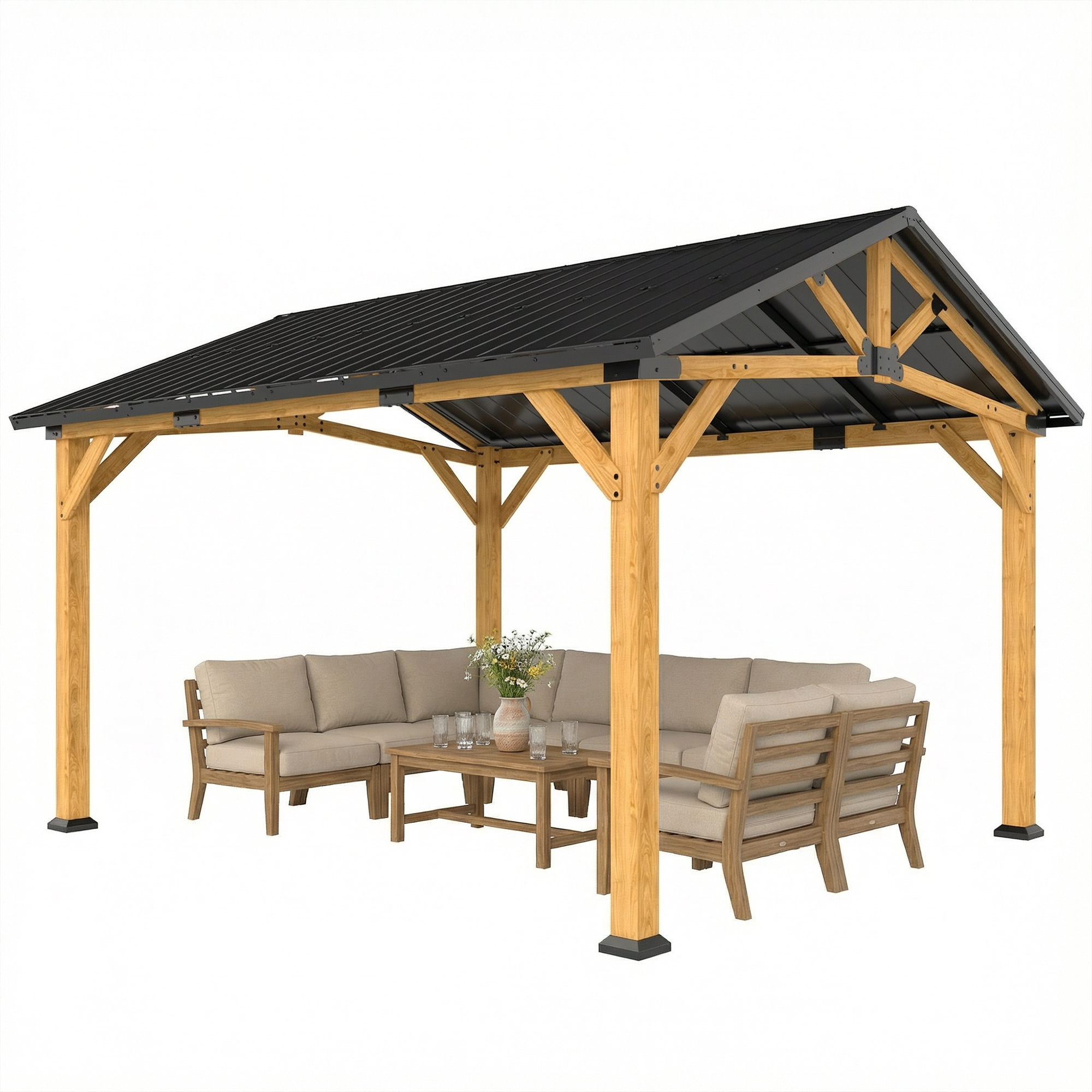 3.5 x 4 m Hardtop Gazebo Canopy with Galvanised Metal Roof, Fir Wood Frame and Hook for Patio, Garden, Black Grey (Drop Shipping Only, Not for Amazon)