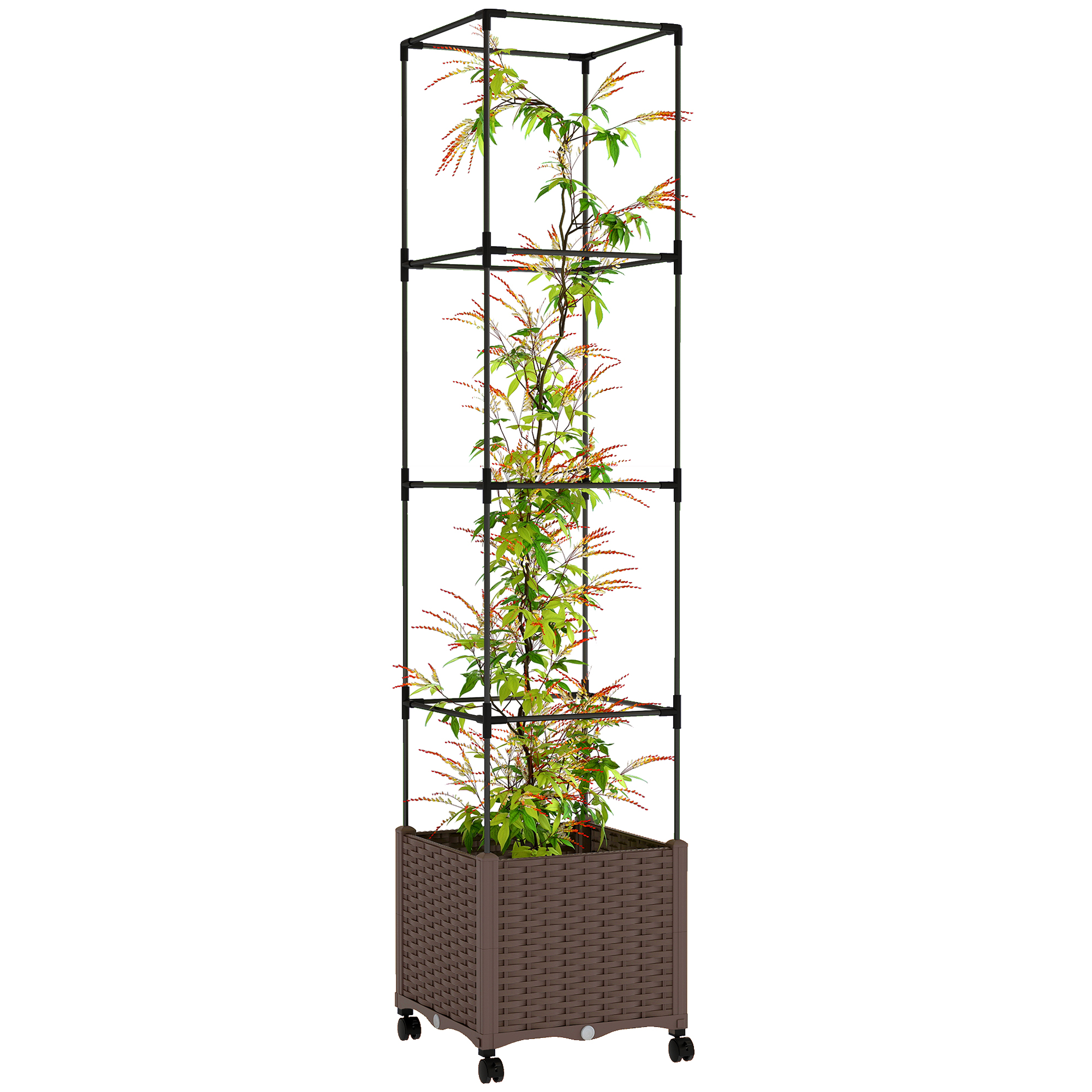 Raised Garden Bed with Trellis, Tomato Cage with Lockable Wheels, Self Watering Planter Box with Drainage Holes, Gray (Drop Shipping Only, Not for Amazon)