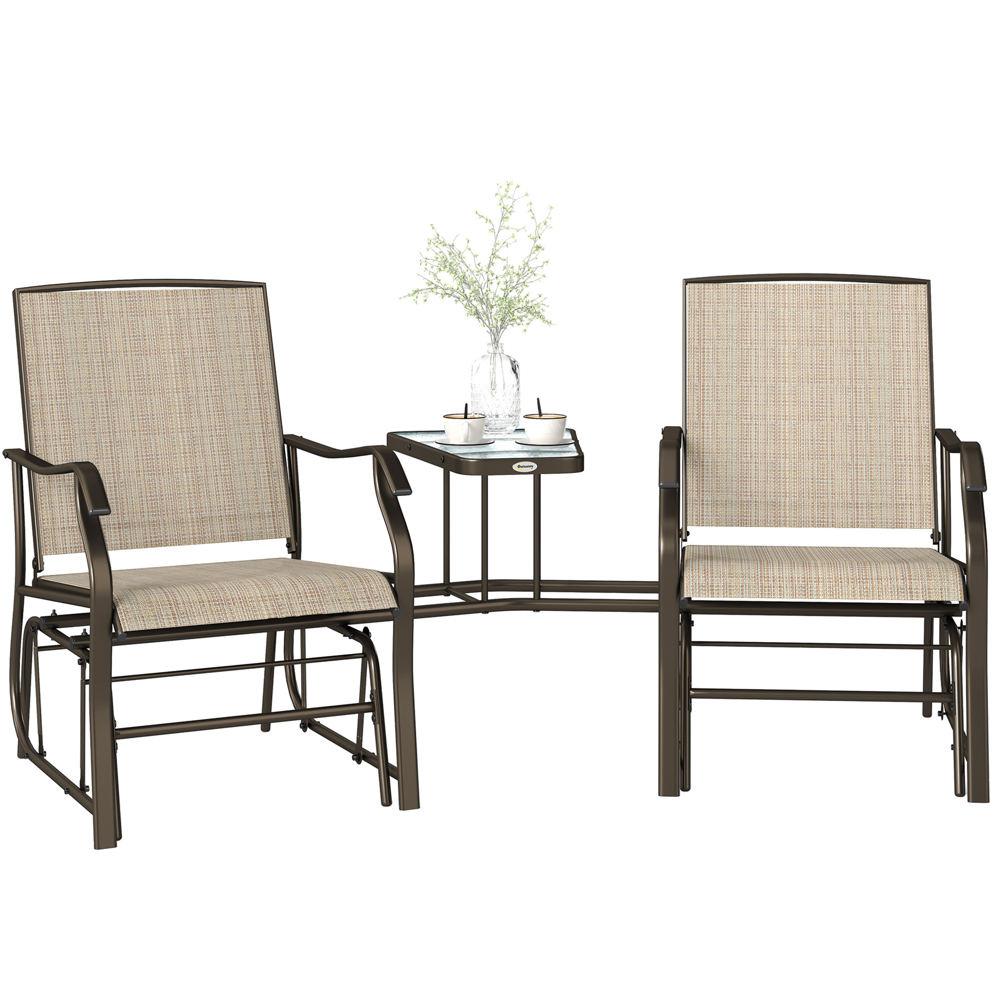 Outdoor Glider Chairs with Coffee Table, Patio 2-Seat Rocking Chair Swing Loveseat with Breathable Sling for Backyard, Garden, and Porch, Coffee Brown (Drop Shipping Only, Not for Amazon)