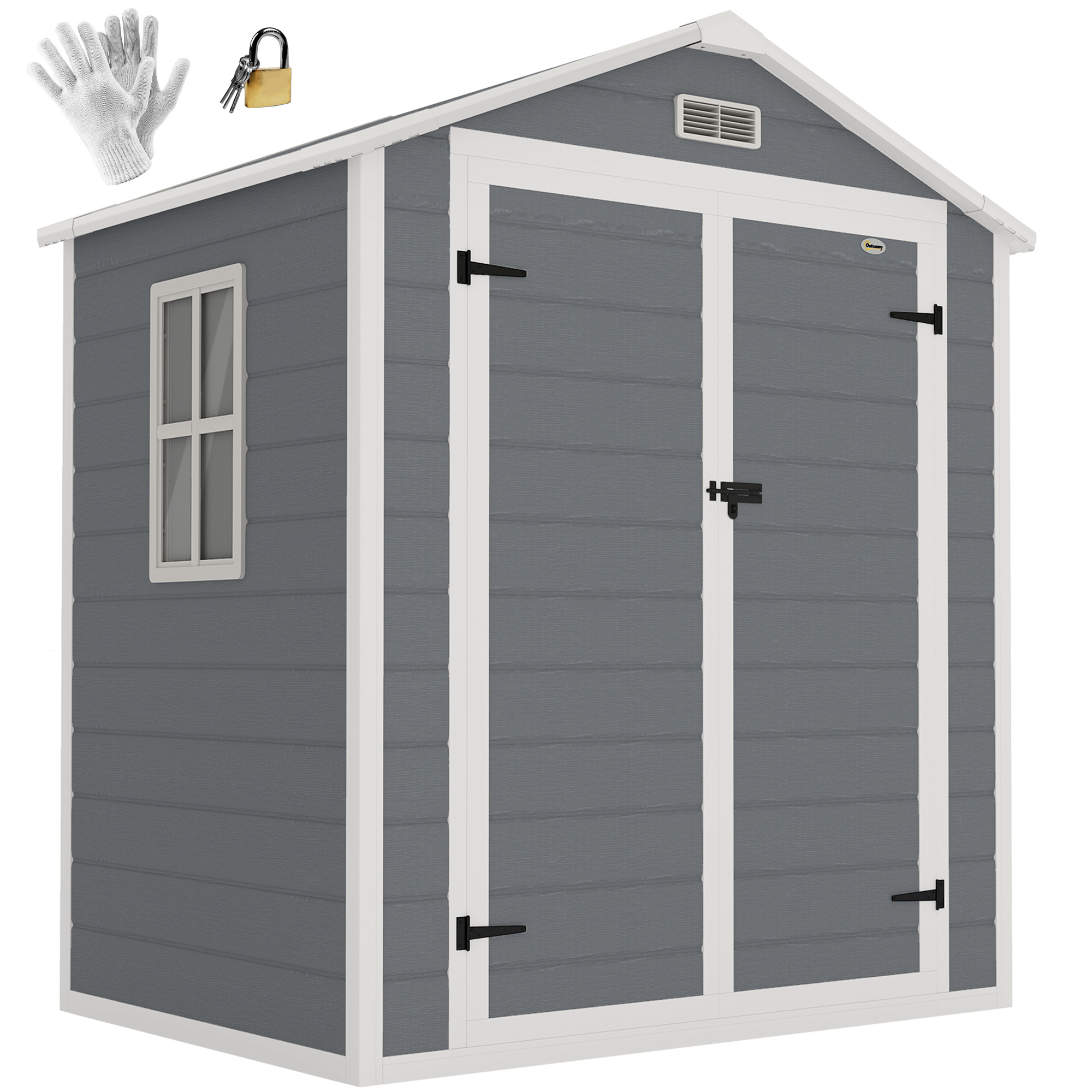 6'x4.5' Garden Storage Shed, Lockable Garden Shed with Double Doors, Window, Vent and Plastic Roof, Grey (Drop Shipping Only, Not for Amazon)