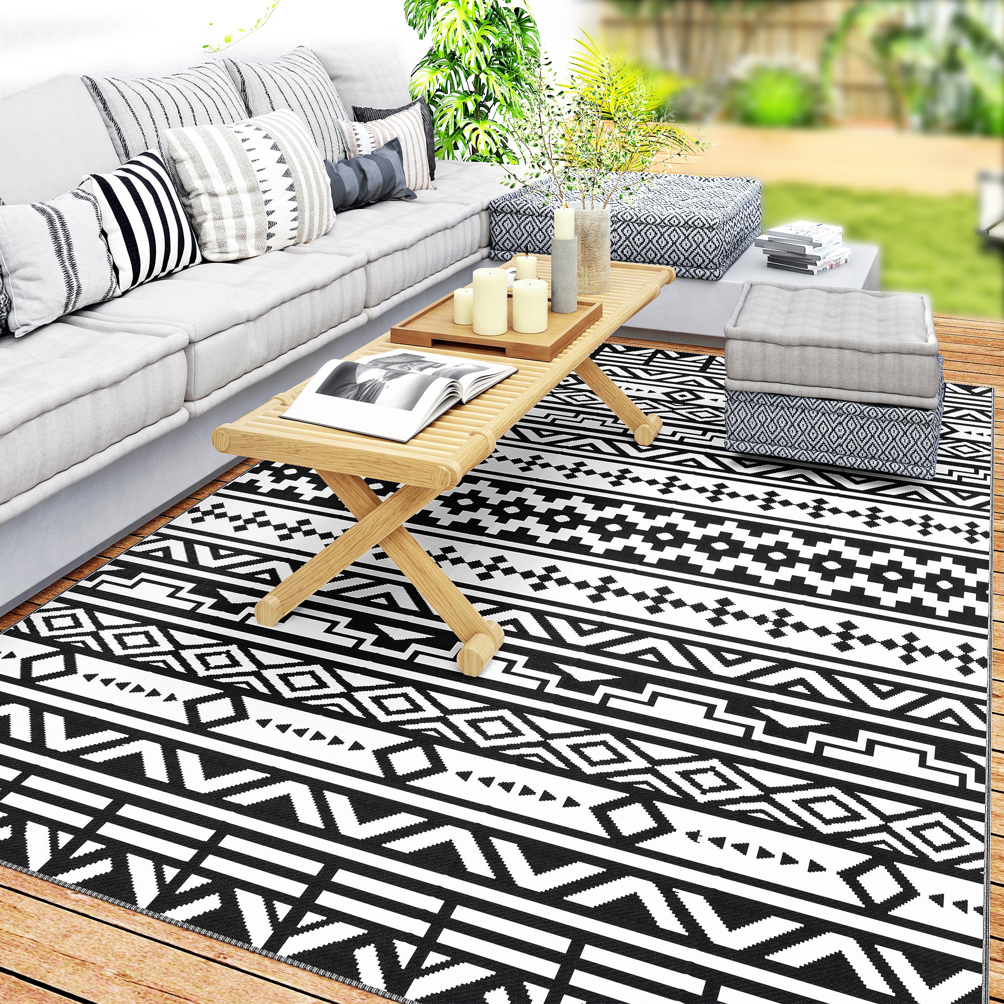 Reversible Outdoor Rug, Waterproof Plastic Straw with Carry Bag, 6' x 9', Black & White Geometric Wall (Drop Shipping Only, Not for Amazon)