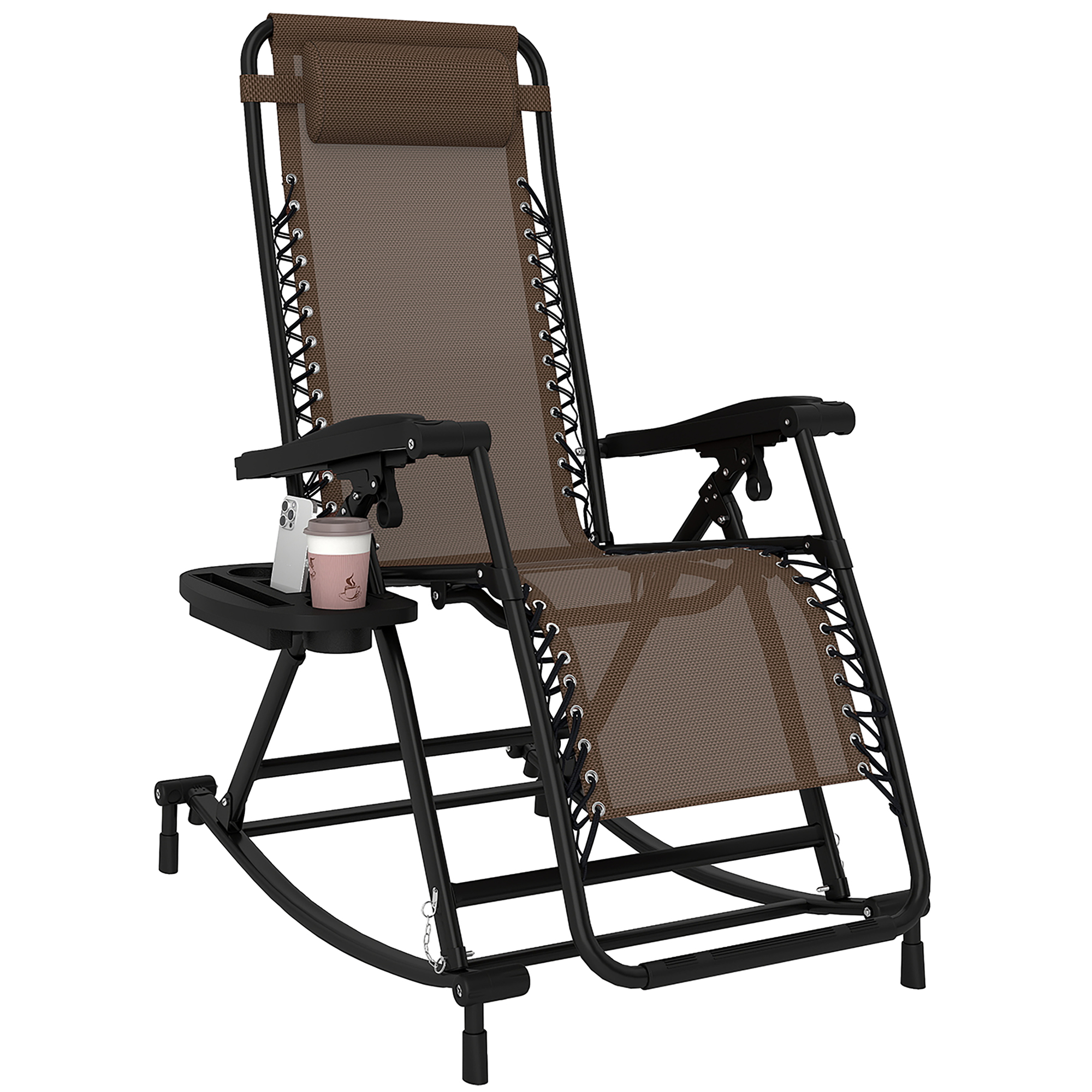 Outdoor Rocking Chairs, Foldable Reclining Zero Gravity Lounge Rocker with Pillow, Cup & Phone Holder, Combo Design with Folding Legs, Black (Drop Shipping Only, Not for Amazon)