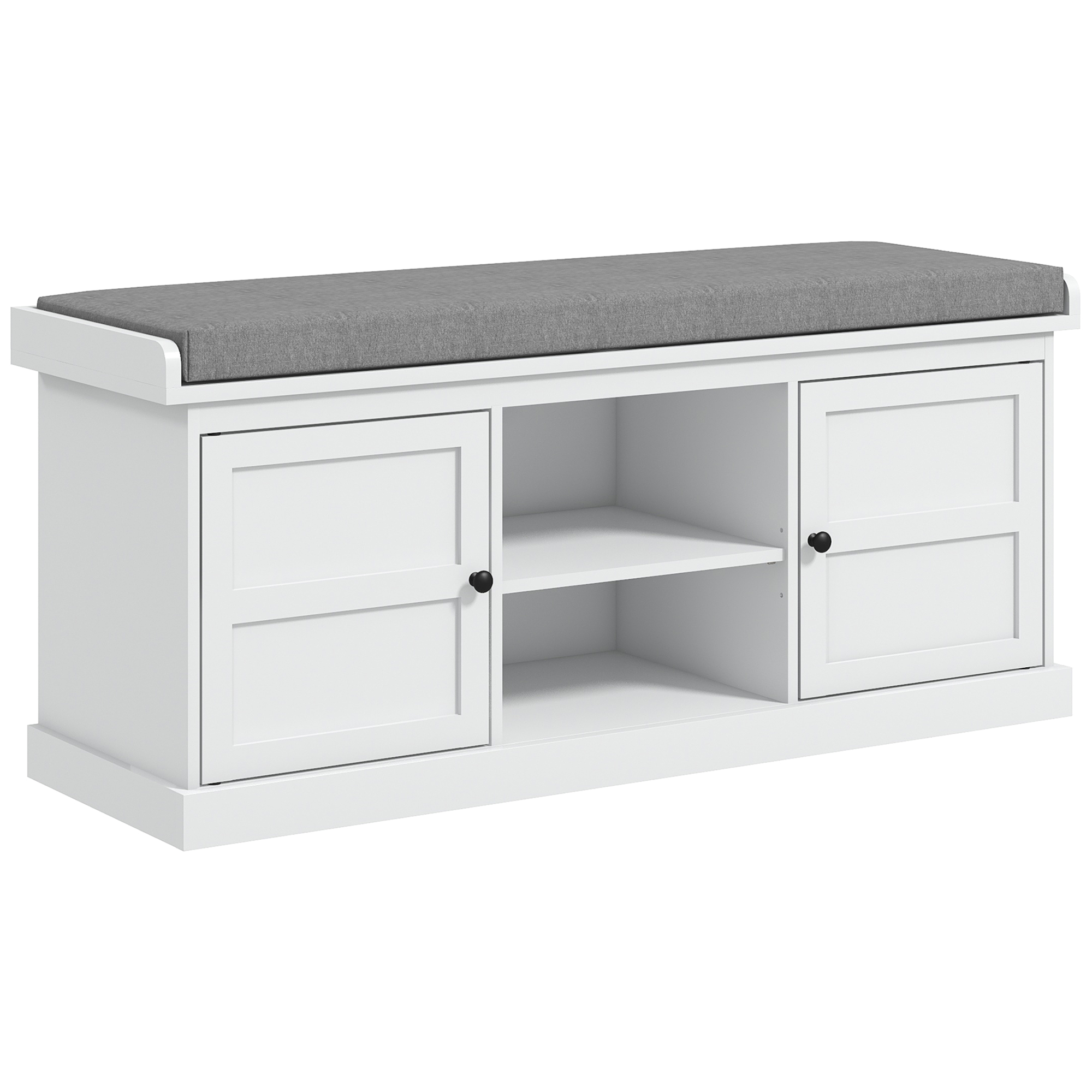 Shoe Storage Bench with Cushioned Seat, Entryway Bench Seat with 2 Cabinets and Adjustable Shelf for Hallway, White (Drop Shipping Only, Not for Amazon)
