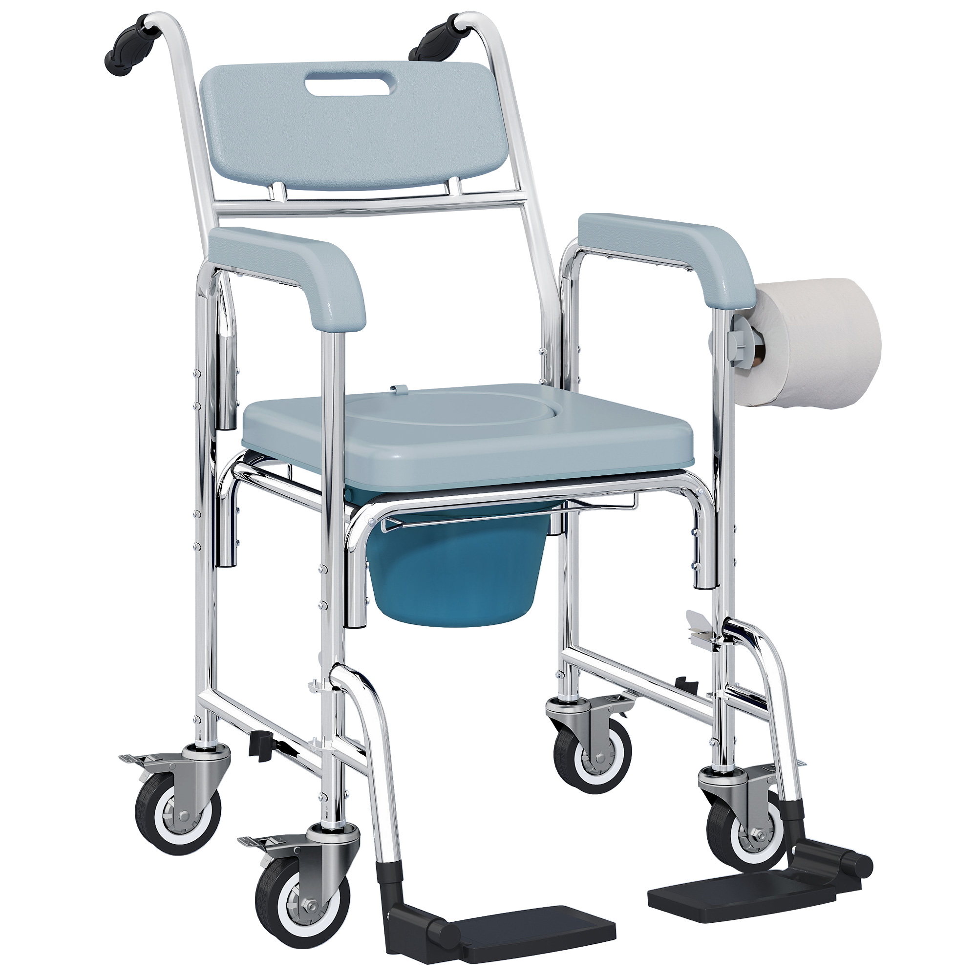 Rolling Shower Wheelchair for Seniors, Bedside Commode Chair with Locking Wheels, Seat, Backrest, Arms, Black (Drop Shipping Only, Not for Amazon)