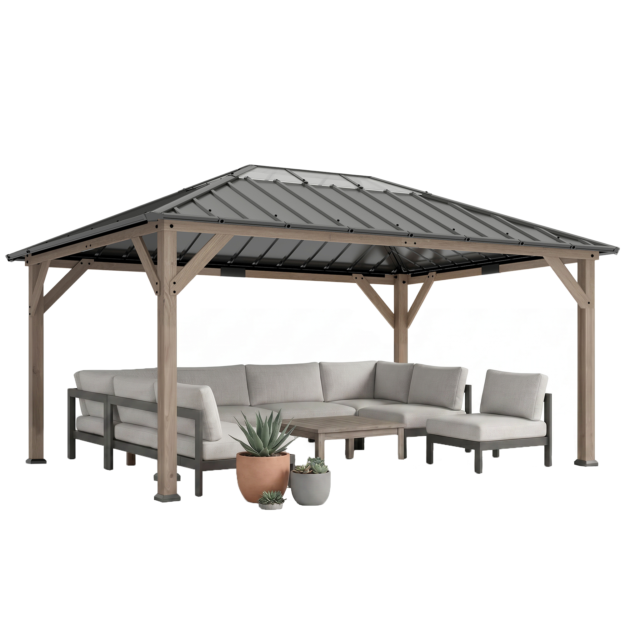 12' x 16' Hardtop Gazebo with Galvanized Steel Roof, UPF50+ Wood Permanent Pavilion with Clear Roof Top, Light Walnut (Drop Shipping Only, Not for Amazon)