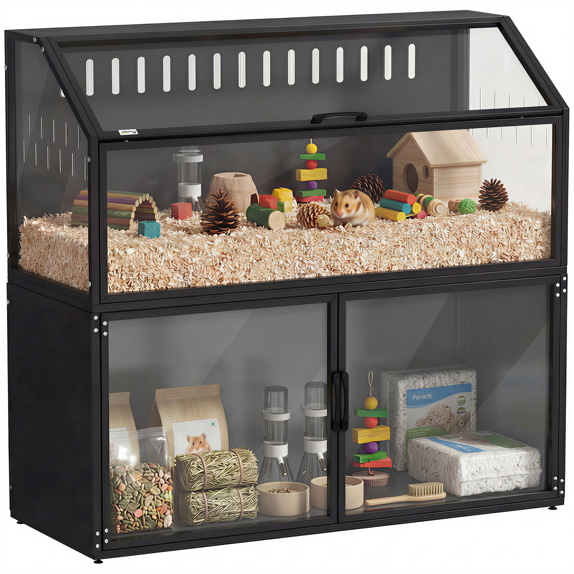 Hamster Cage with Storage Cabinet, Small Animal Cage with Easy View Acrylic Panels and Openable Top, Guinea Pig Habitat (Drop Shipping Only, Not for Amazon)